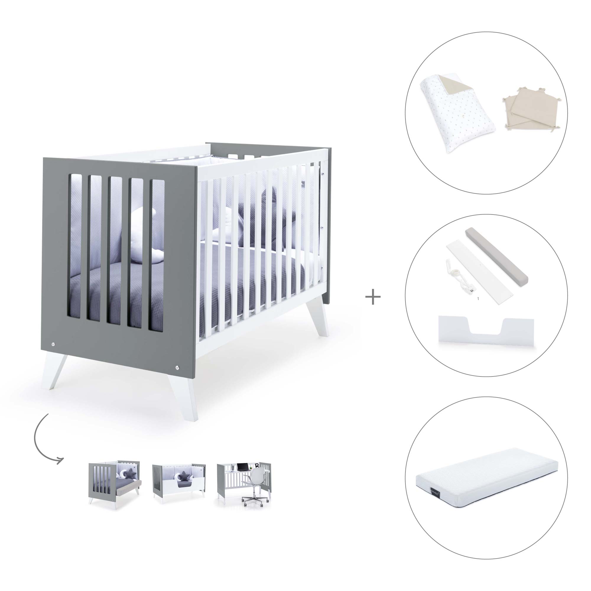 Cuna colecho 60x120 cm (4en1) blanco/antracita · Nexo Due Antracita C187D-M7758