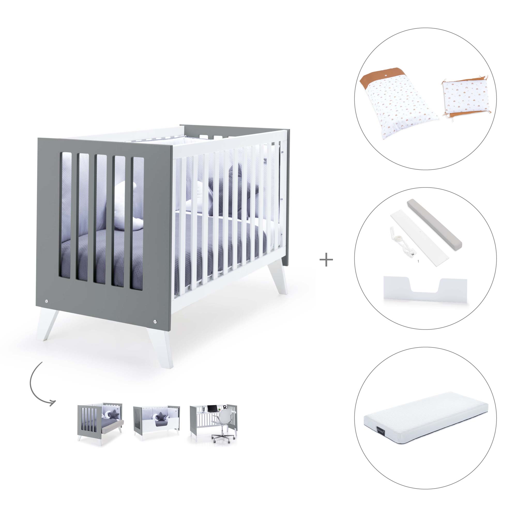 Cuna colecho 60x120 cm (4en1) blanco/antracita · Nexo Due Antracita C187D-M7758