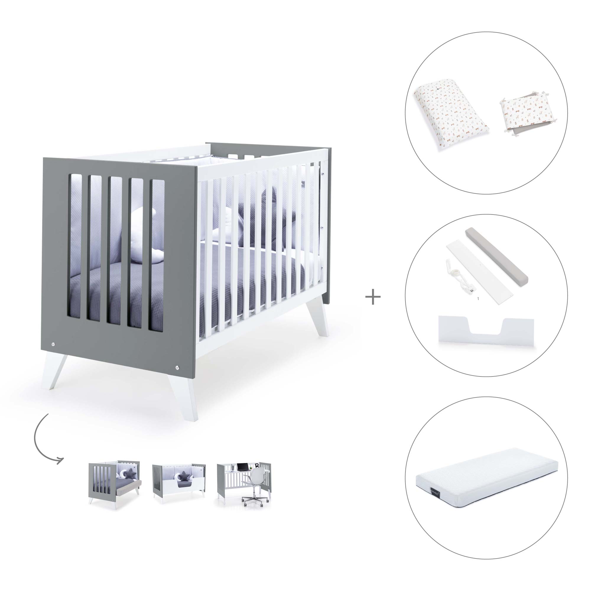 Cuna colecho 60x120 cm (4en1) blanco/antracita · Nexo Due Antracita C187D-M7758