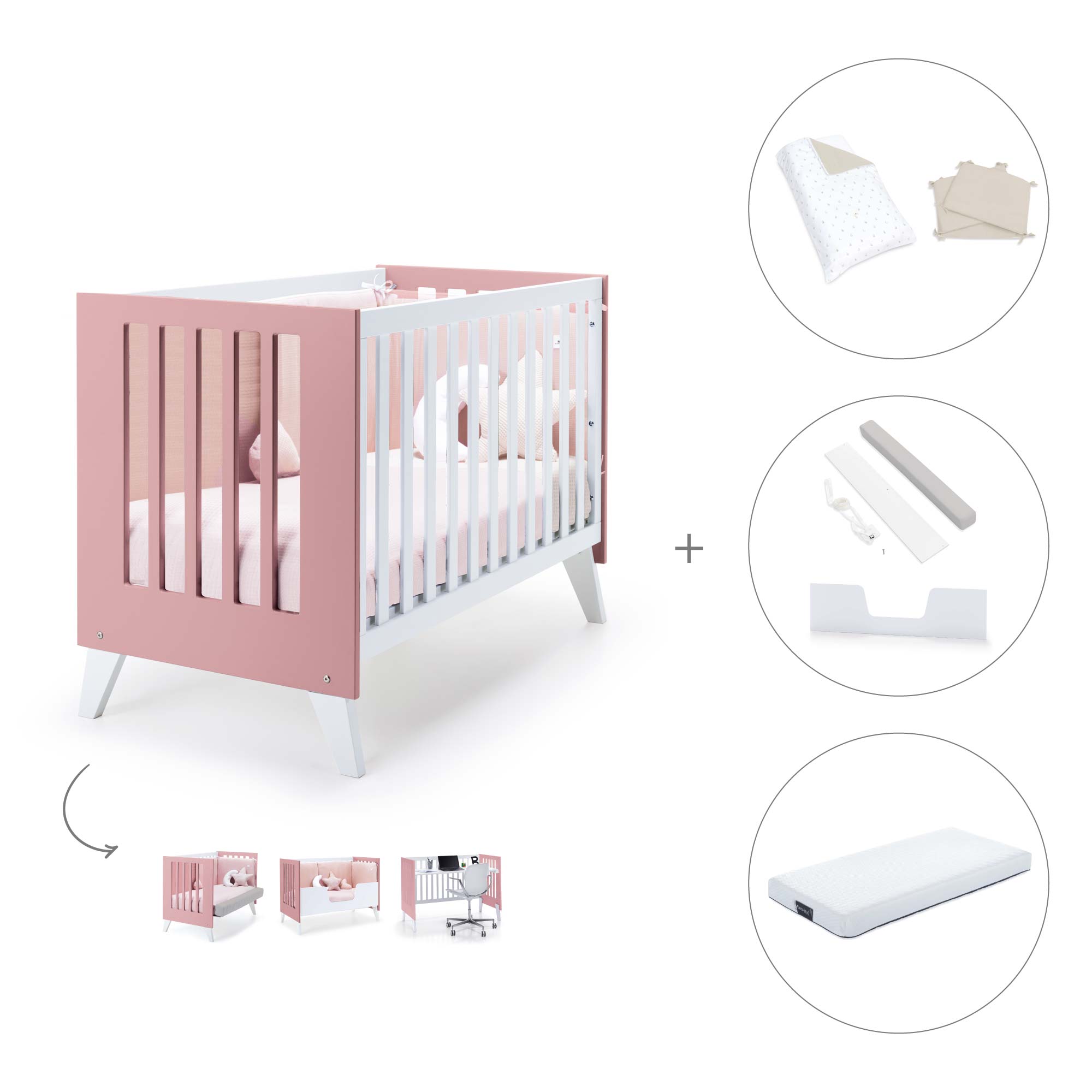 Cuna de colecho 60x120 cm (4en1) rosa · Nexo Due Quarzo C187D-M7759