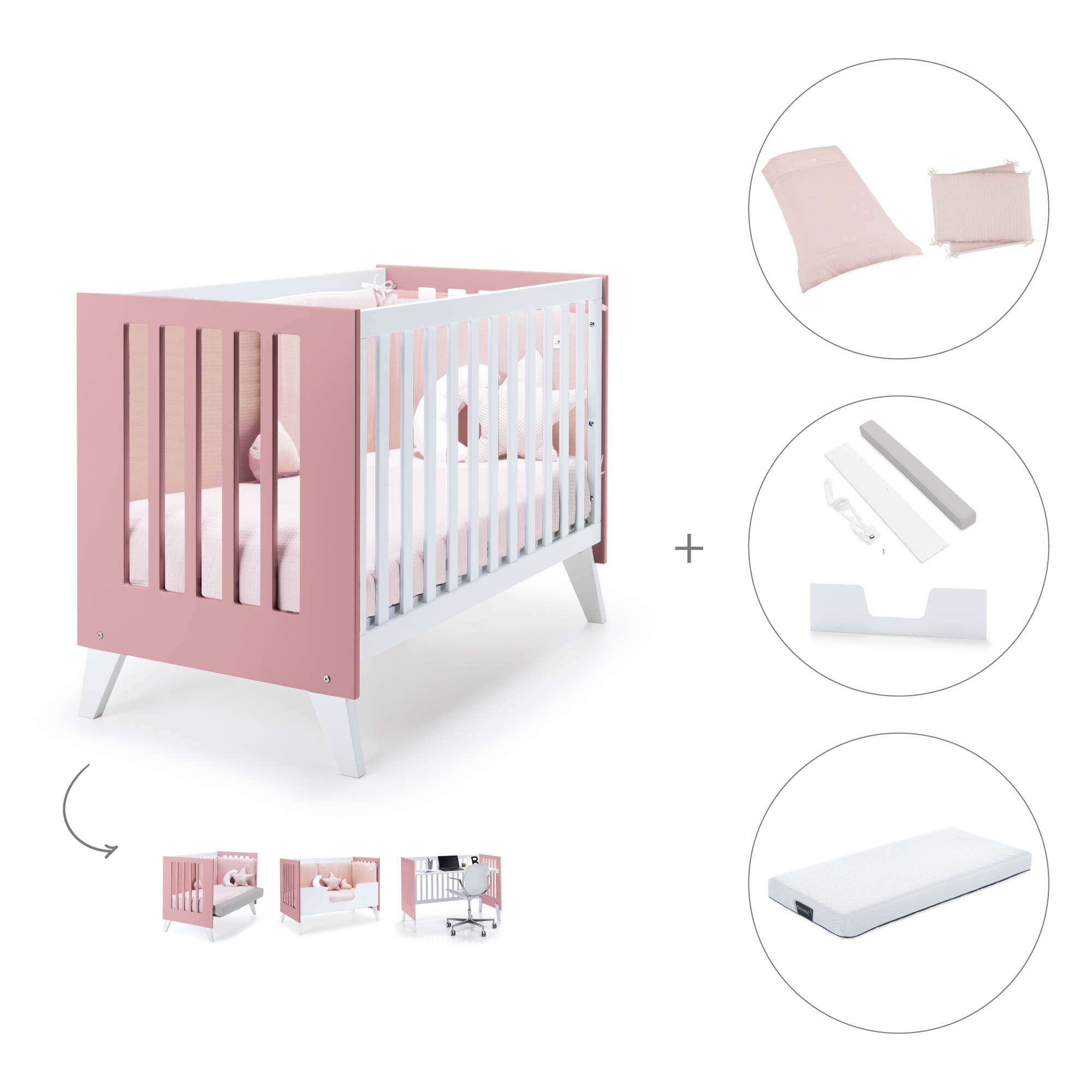 Cuna de colecho 60x120 cm (4en1) rosa · Nexo Due Quarzo C187D-M7759