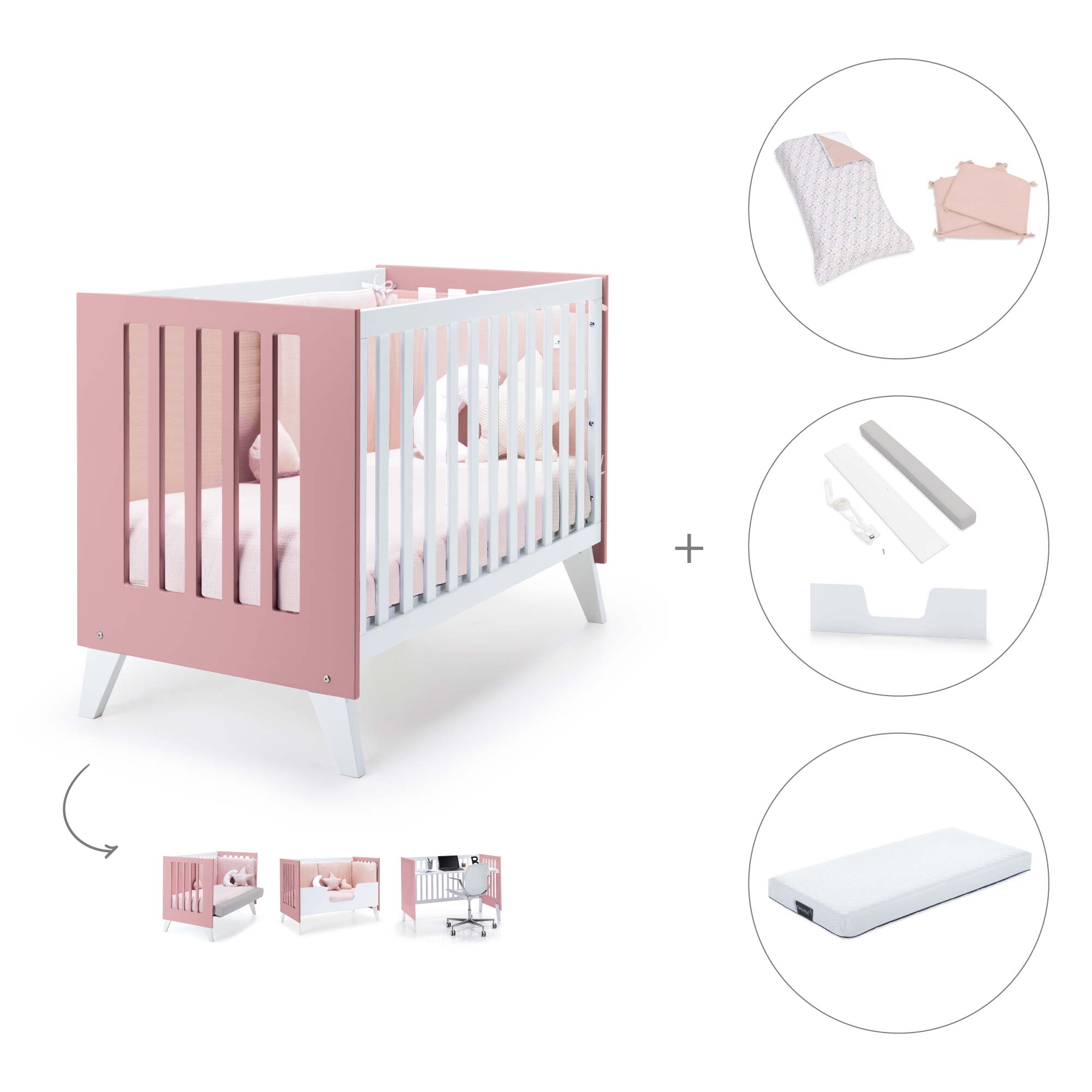 Cuna de colecho 60x120 cm (4en1) rosa · Nexo Due Quarzo C187D-M7759