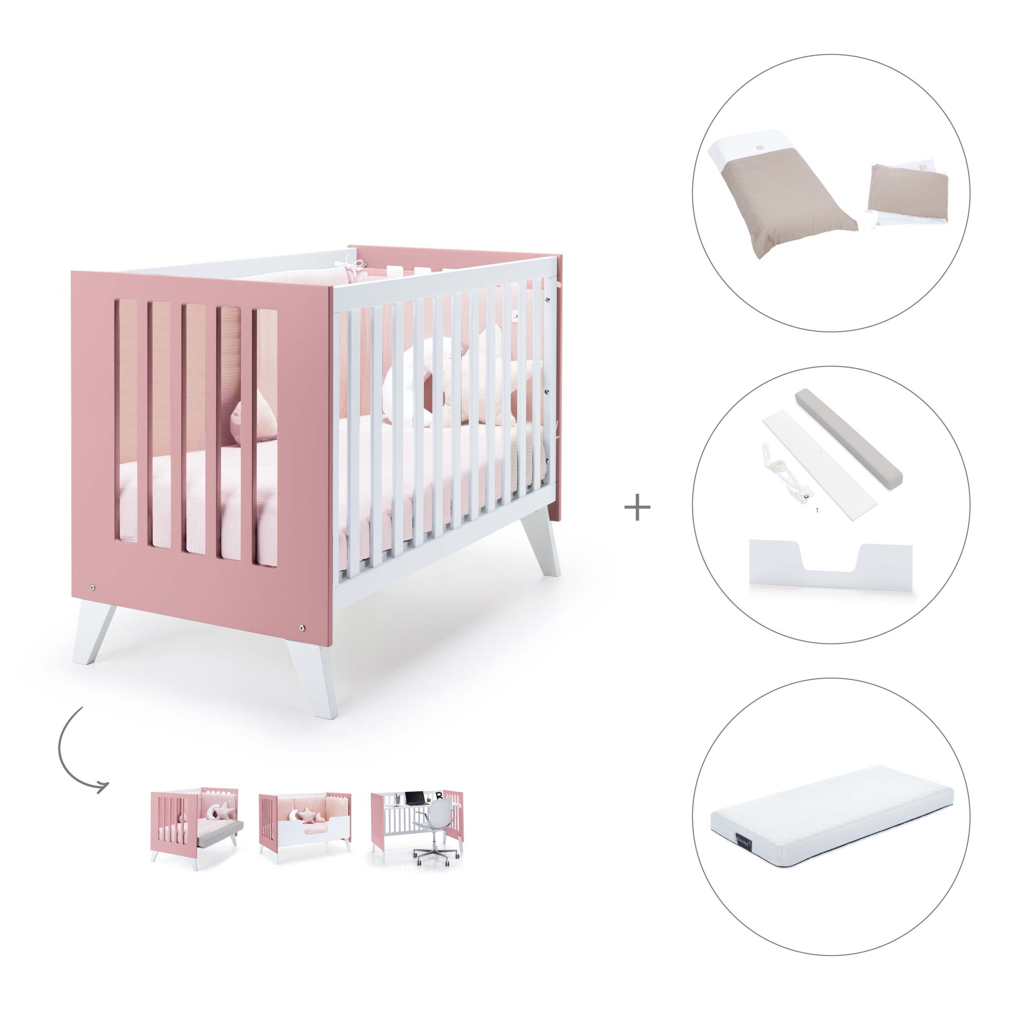 Cuna de colecho 60x120 cm (4en1) rosa · Nexo Due Quarzo C187D-M7759