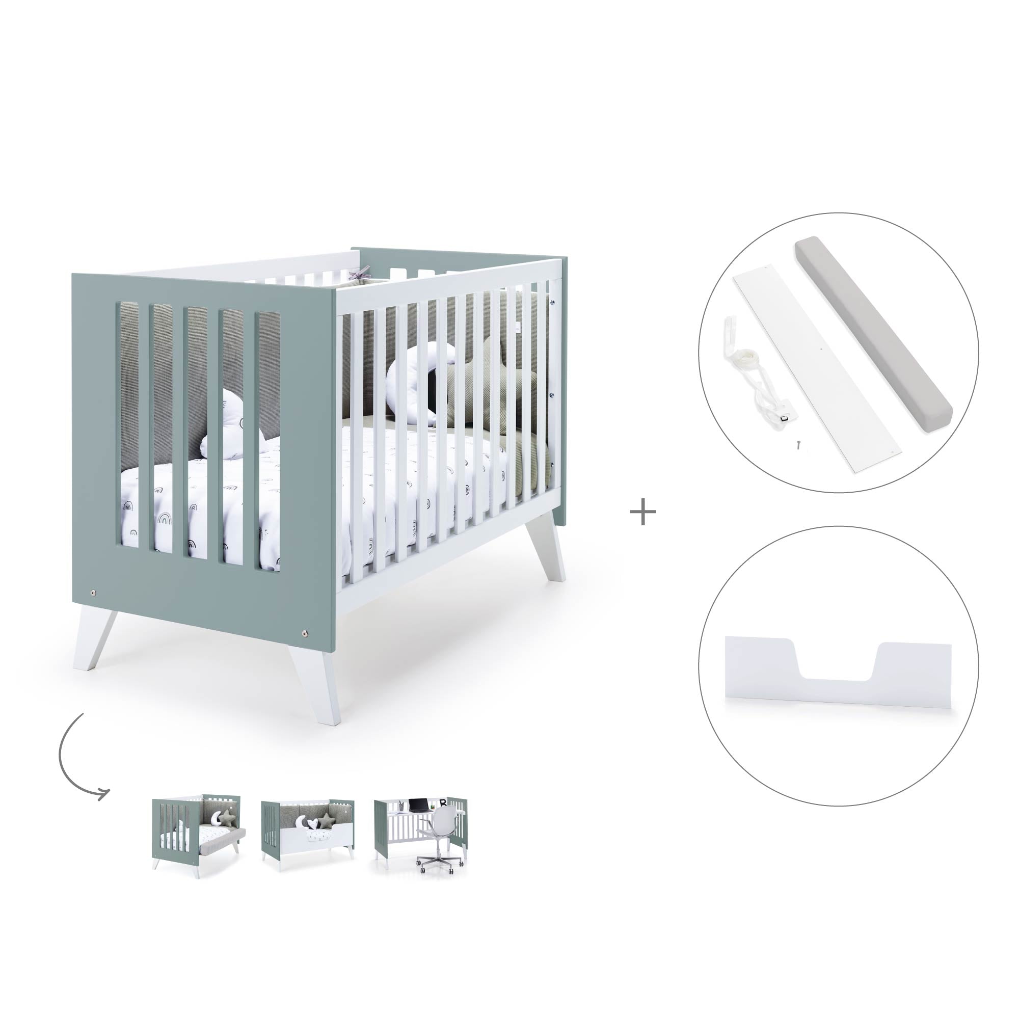 Cuna colecho 60x120 cm (4en1) blanco/verde eucalipto · Nexo Due Eucalyptus C187D-M7757