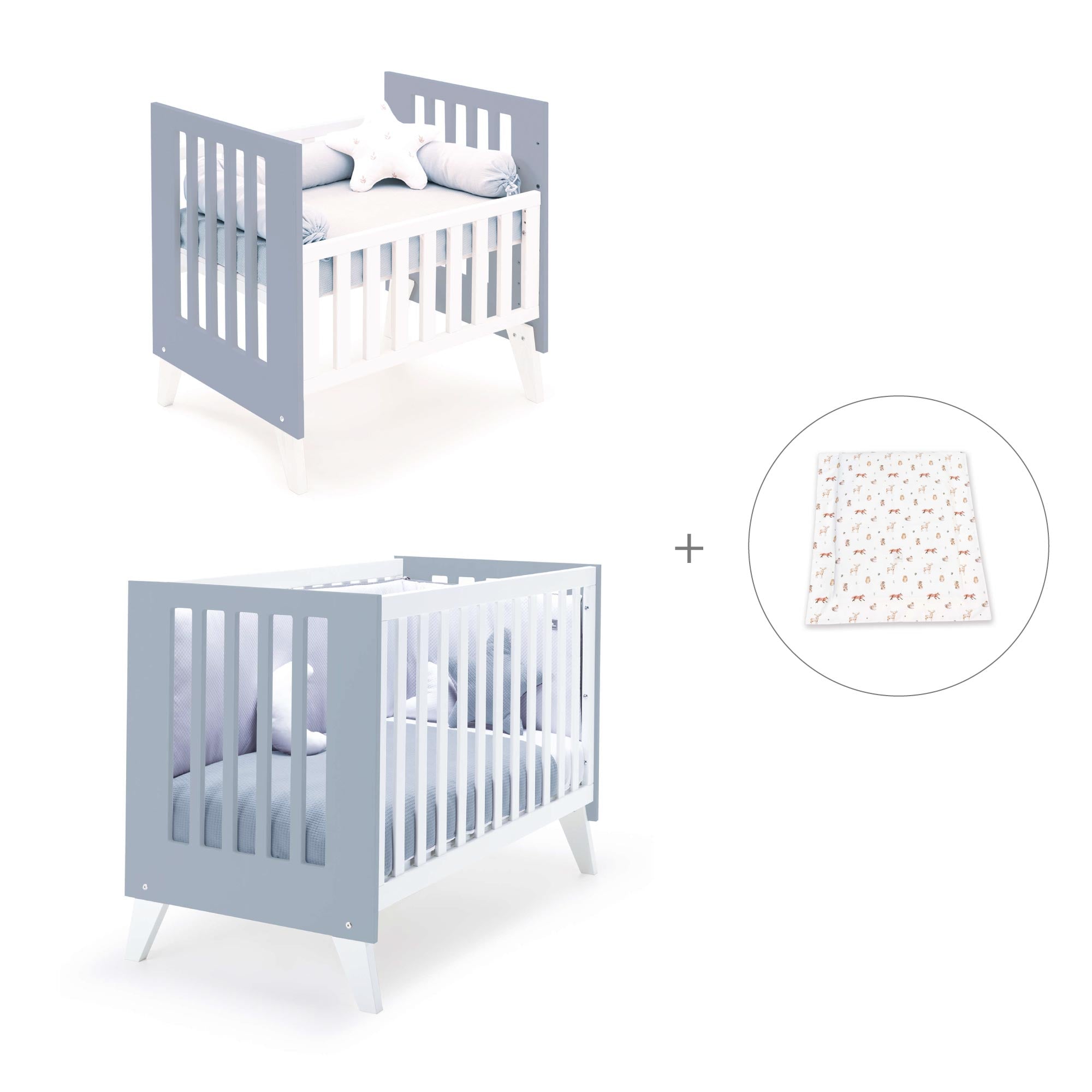 Minicuna y cuna todo en uno (7en1) blanca/azul · Nexo Tre Blu denim C187T-M7741