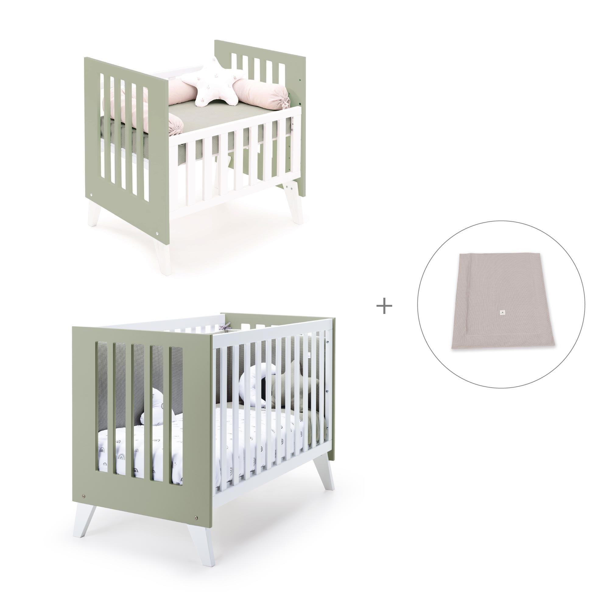 Minicuna y cuna todo en uno (7en1) blanca/verde-oliva · Nexo Tre Erba C187T-M7756
