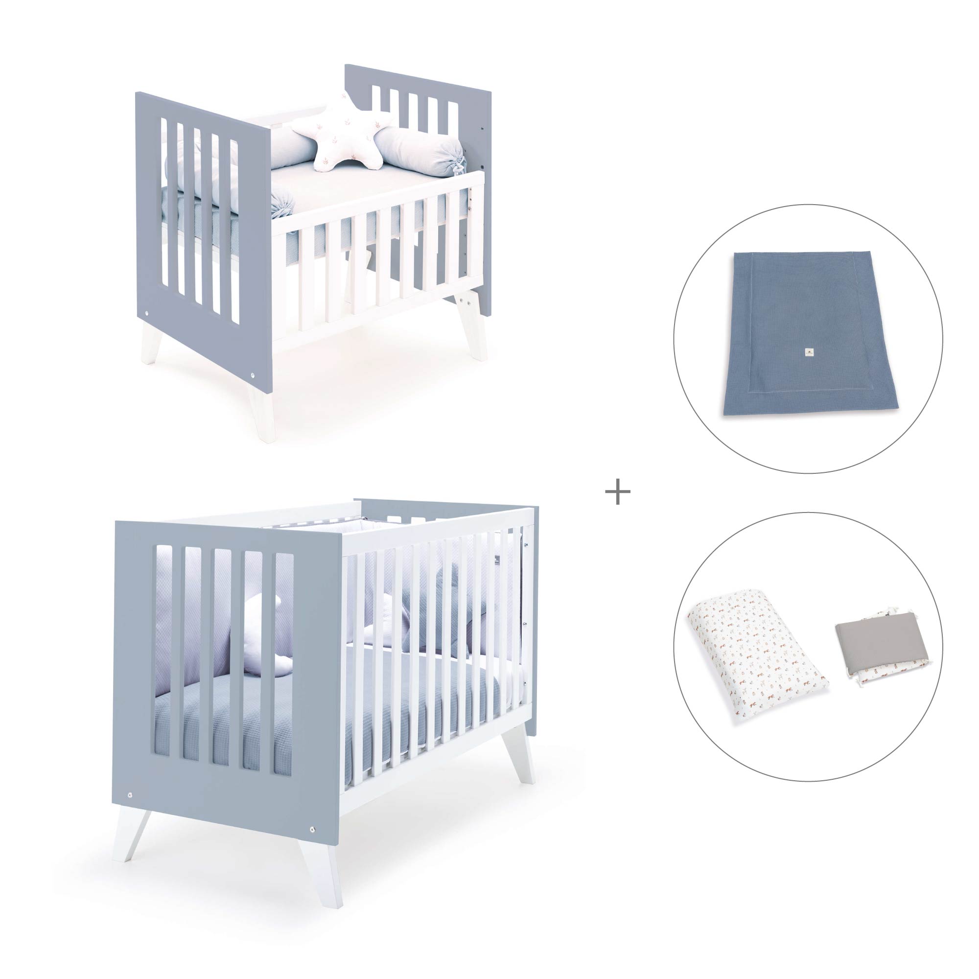Minicuna y cuna todo en uno (7en1) blanca/azul · Nexo Tre Blu denim C187T-M7741