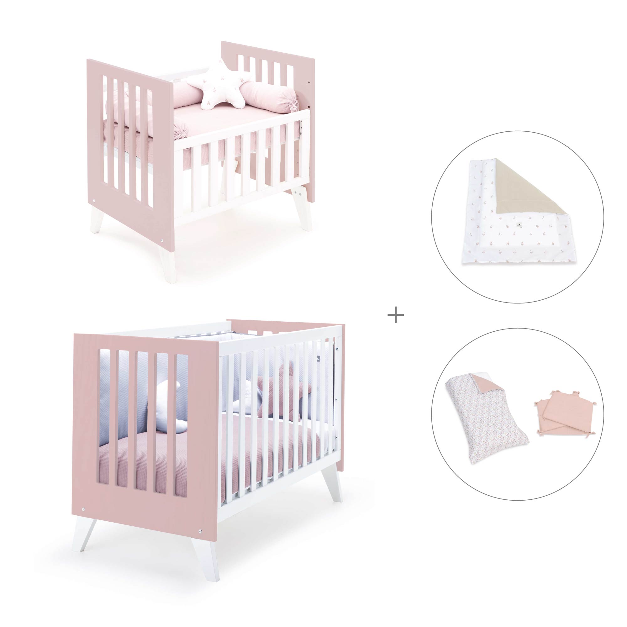 Minicuna y cuna todo en uno (7en1) blanca/rosa claro · Nexo Tre Flamingo C187T-M7742