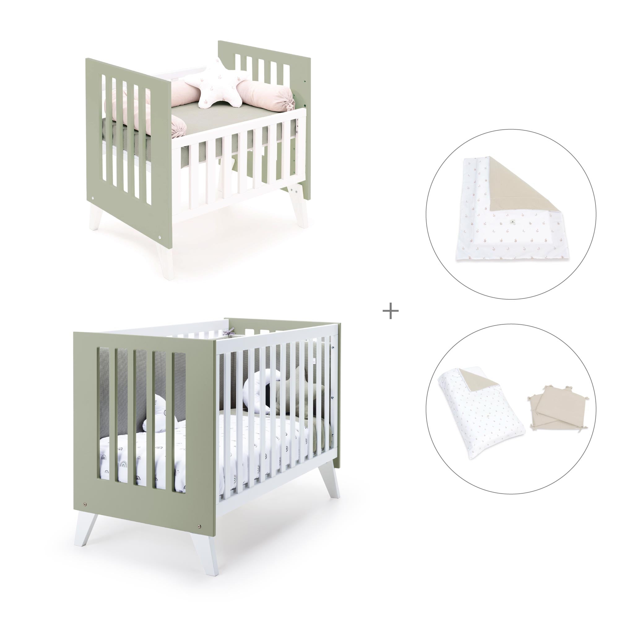 Minicuna y cuna todo en uno (7en1) blanca/verde-oliva · Nexo Tre Erba C187T-M7756