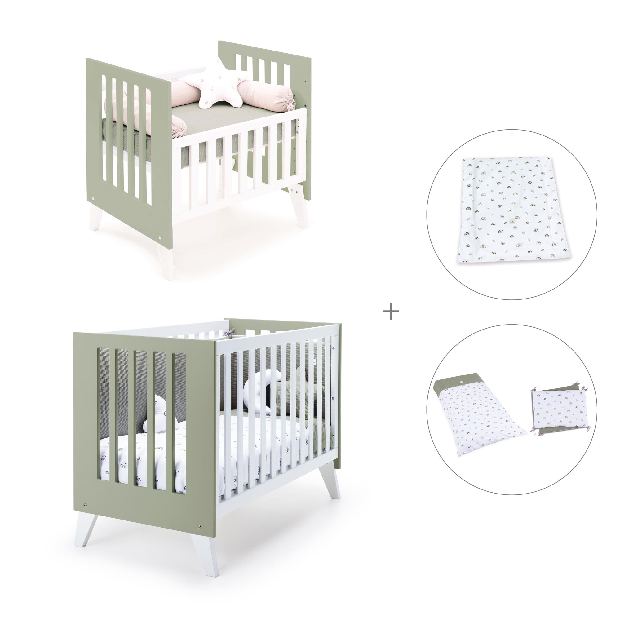 Minicuna y cuna todo en uno (7en1) blanca/verde-oliva · Nexo Tre Erba C187T-M7756