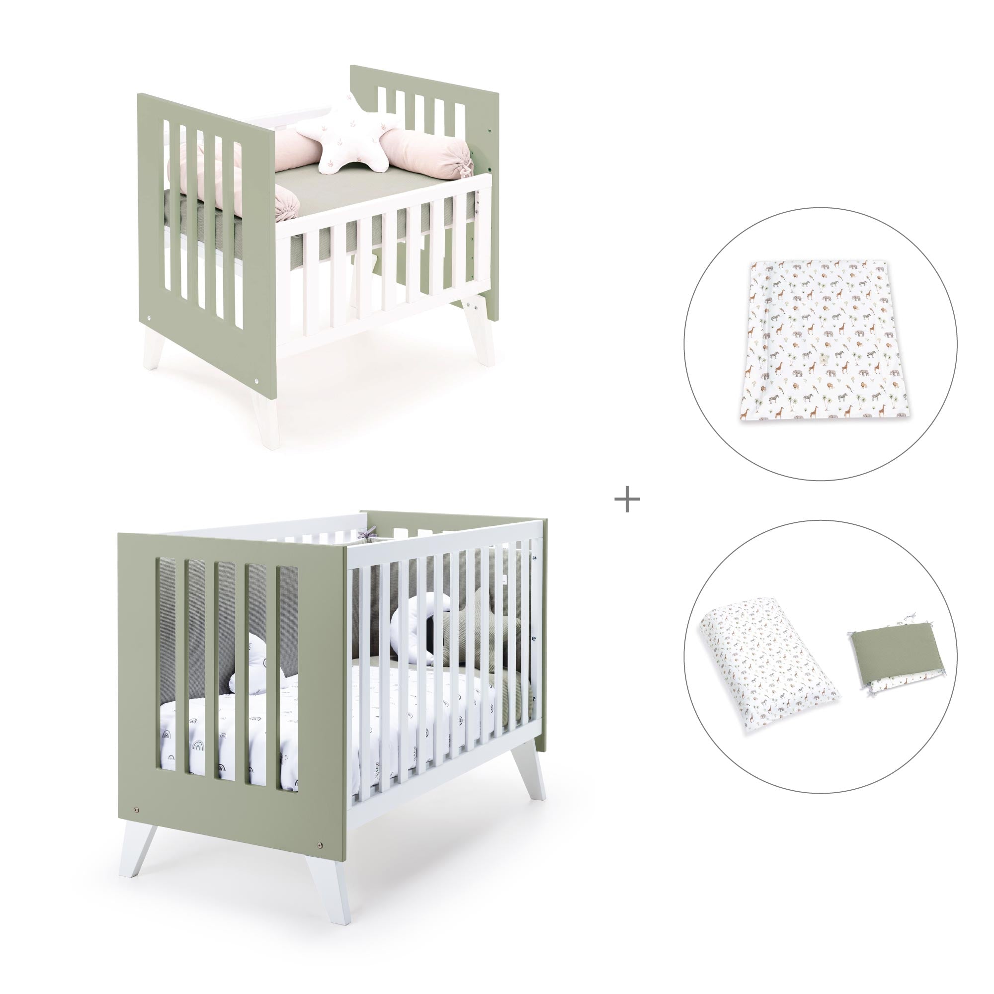 Minicuna y cuna todo en uno (7en1) blanca/verde-oliva · Nexo Tre Erba C187T-M7756