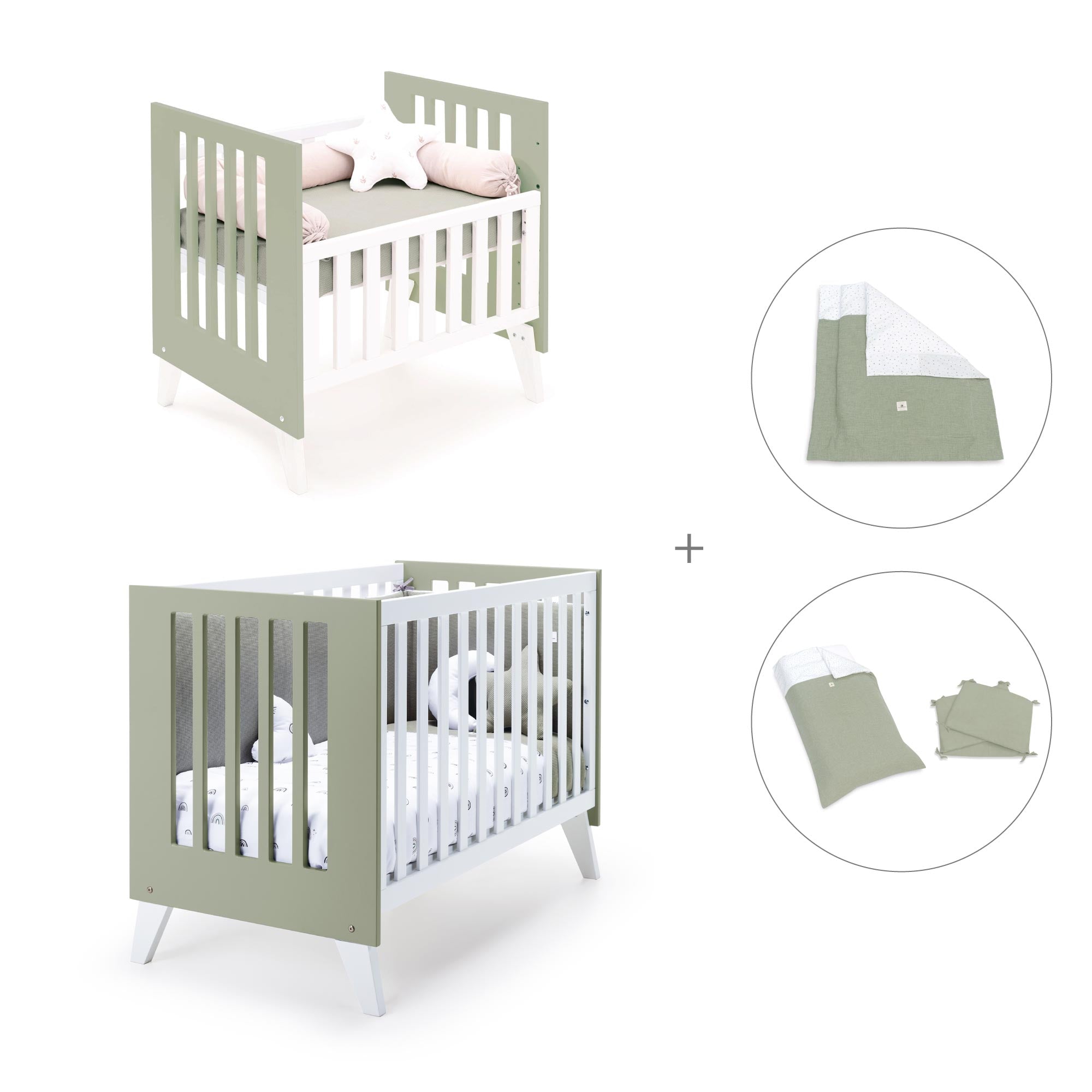 Minicuna y cuna todo en uno (7en1) blanca/verde-oliva · Nexo Tre Erba C187T-M7756
