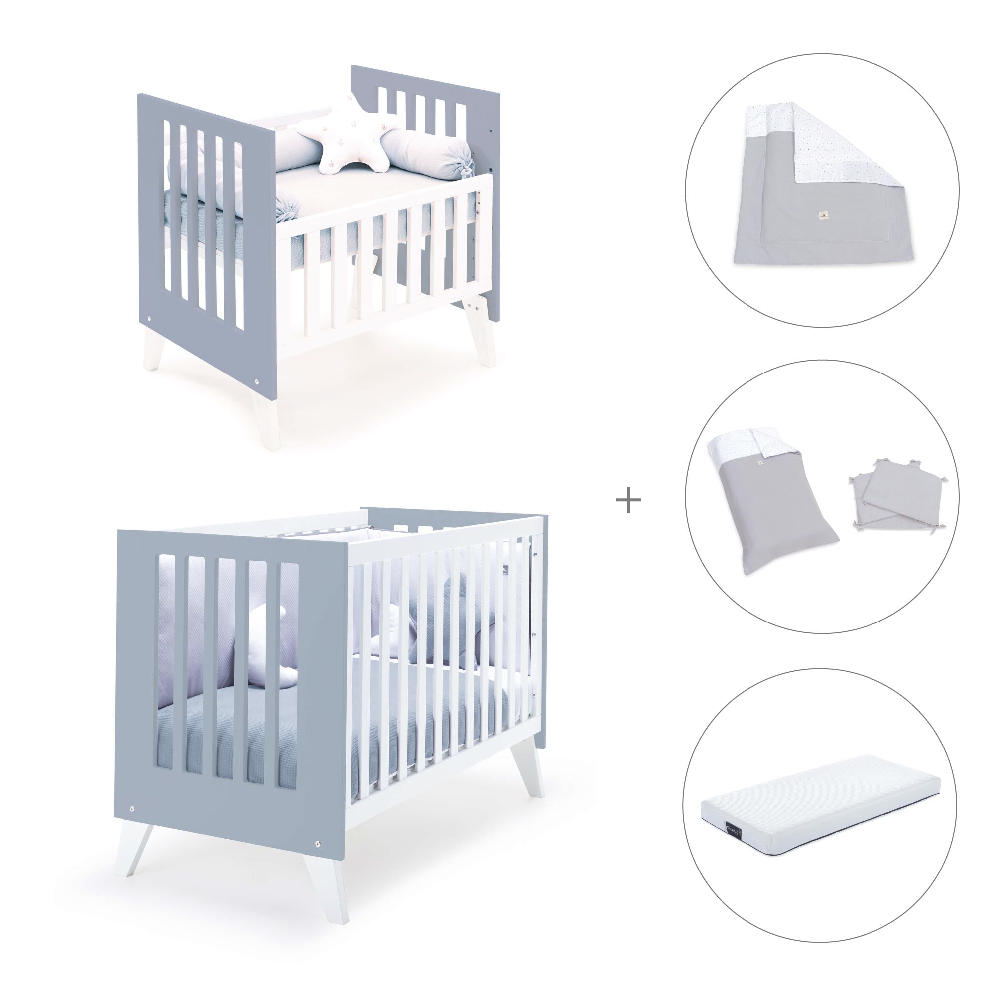 Minicuna y cuna todo en uno (7en1) blanca/azul · Nexo Tre Blu denim C187T-M7741