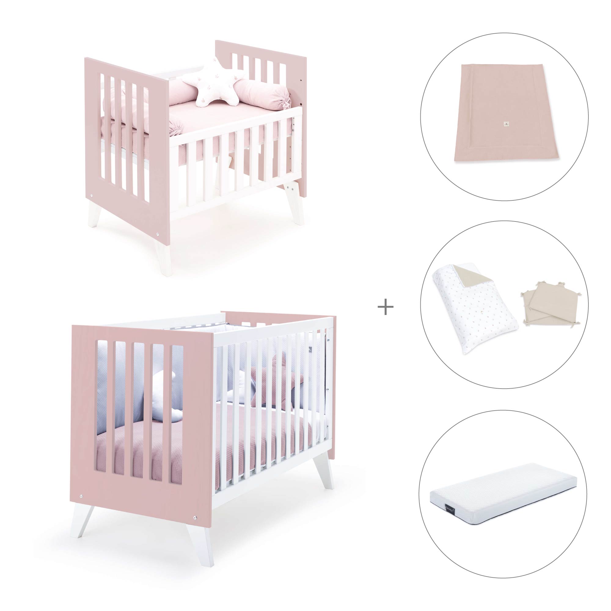Minicuna y cuna todo en uno (7en1) blanca/rosa claro · Nexo Tre Flamingo C187T-M7742