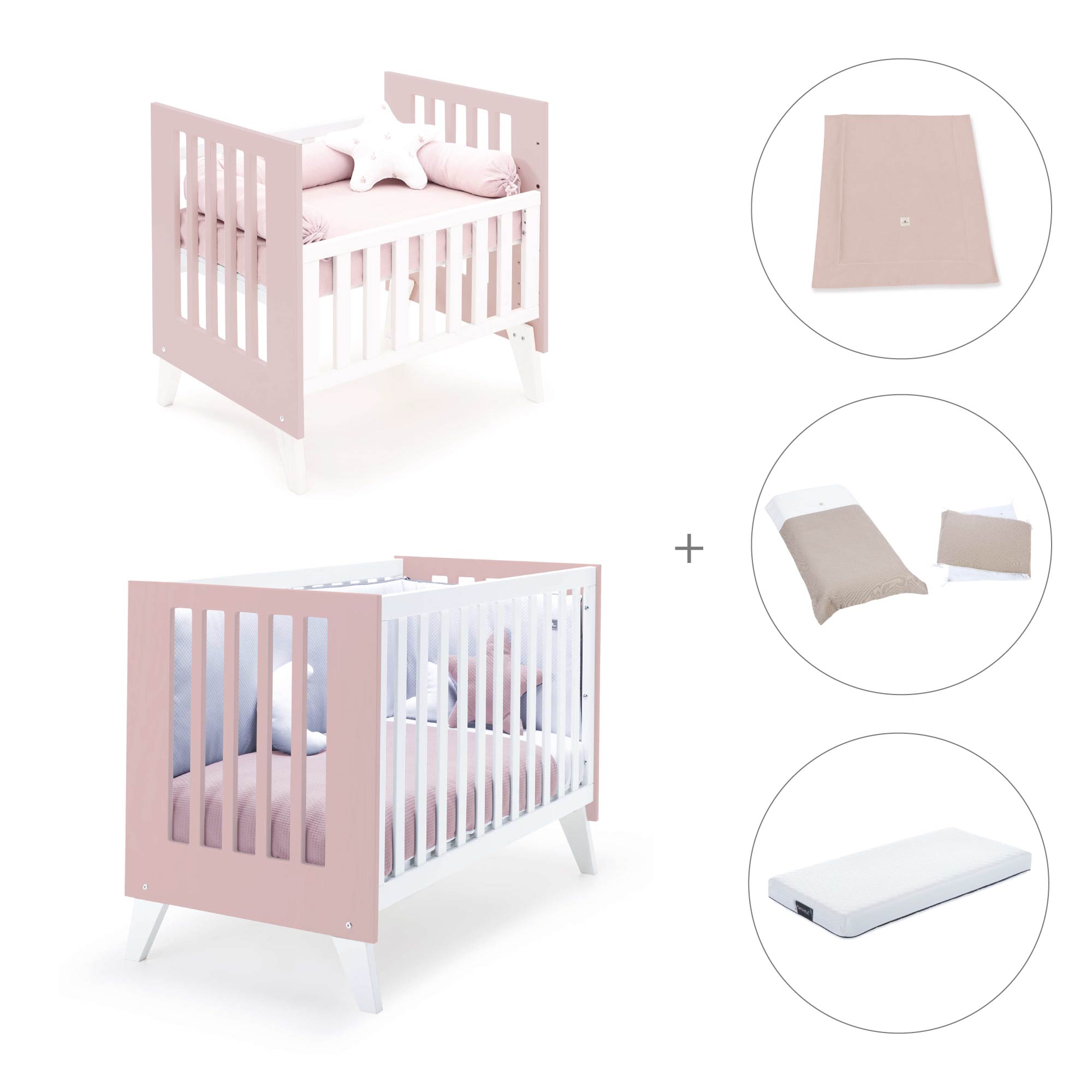 Minicuna y cuna todo en uno (7en1) blanca/rosa claro · Nexo Tre Flamingo C187T-M7742