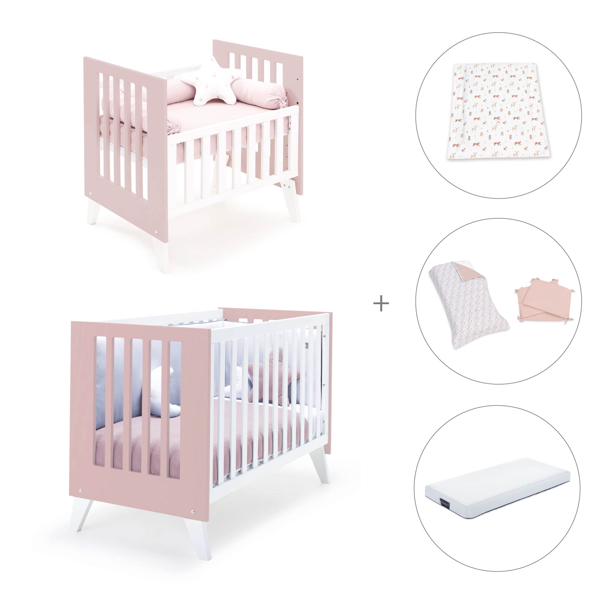 Minicuna y cuna todo en uno (7en1) blanca/rosa claro · Nexo Tre Flamingo C187T-M7742