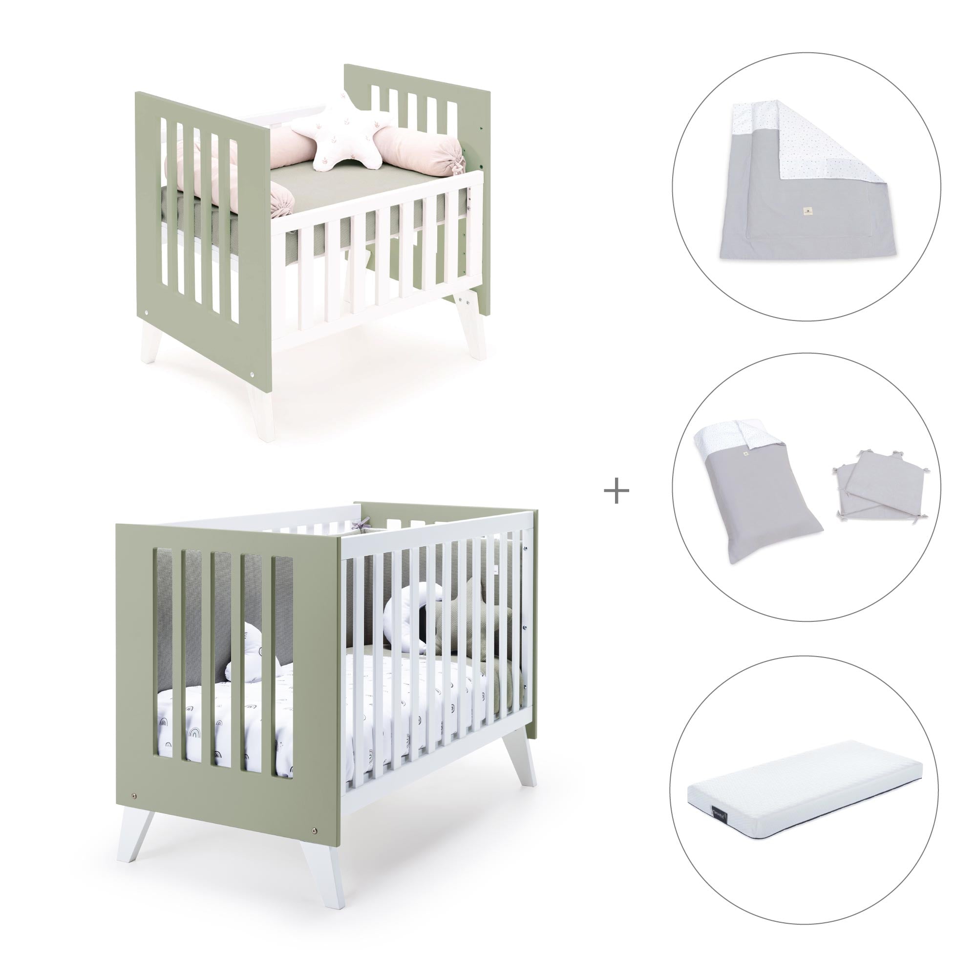 Minicuna y cuna todo en uno (7en1) blanca/verde-oliva · Nexo Tre Erba C187T-M7756