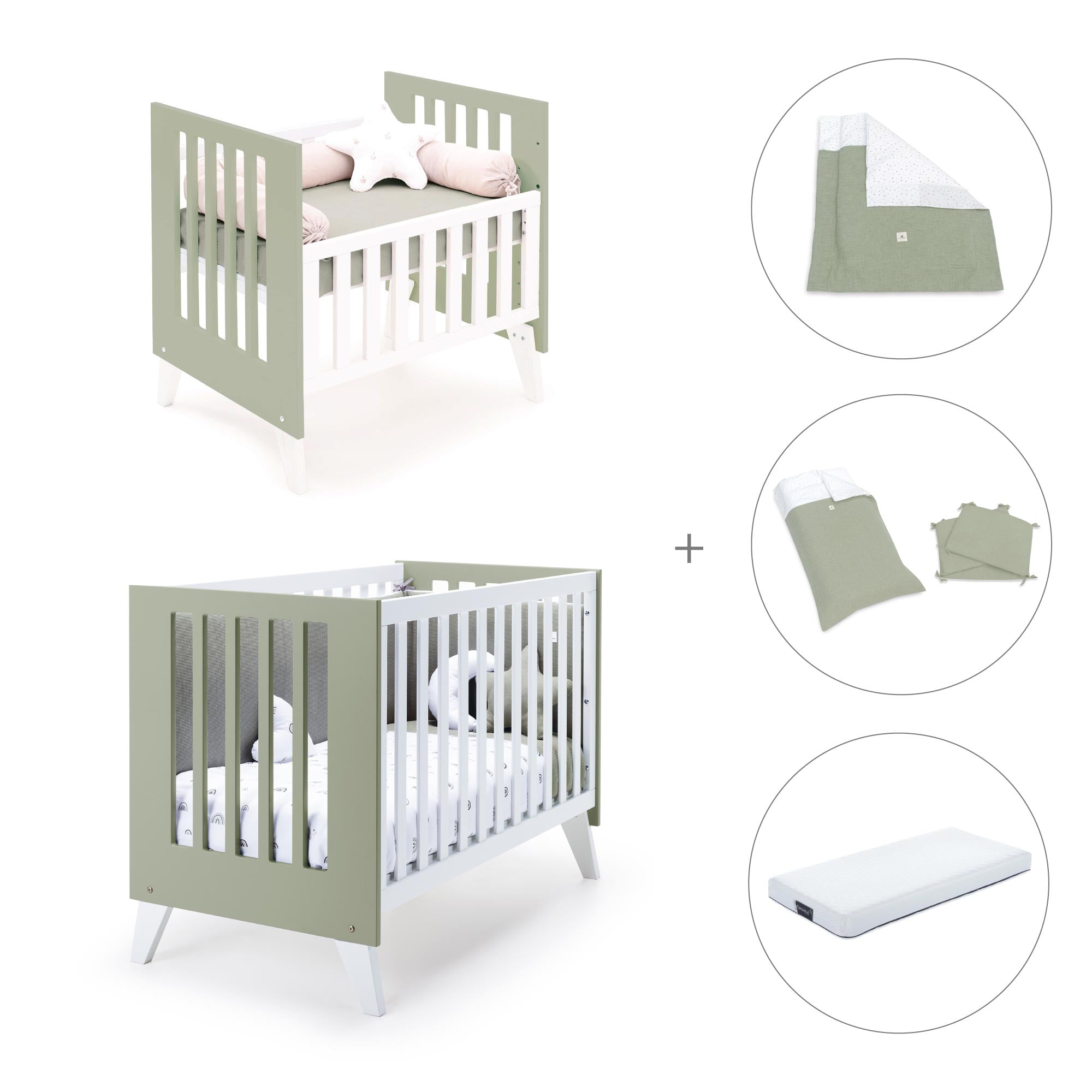 Minicuna y cuna todo en uno (7en1) blanca/verde-oliva · Nexo Tre Erba C187T-M7756