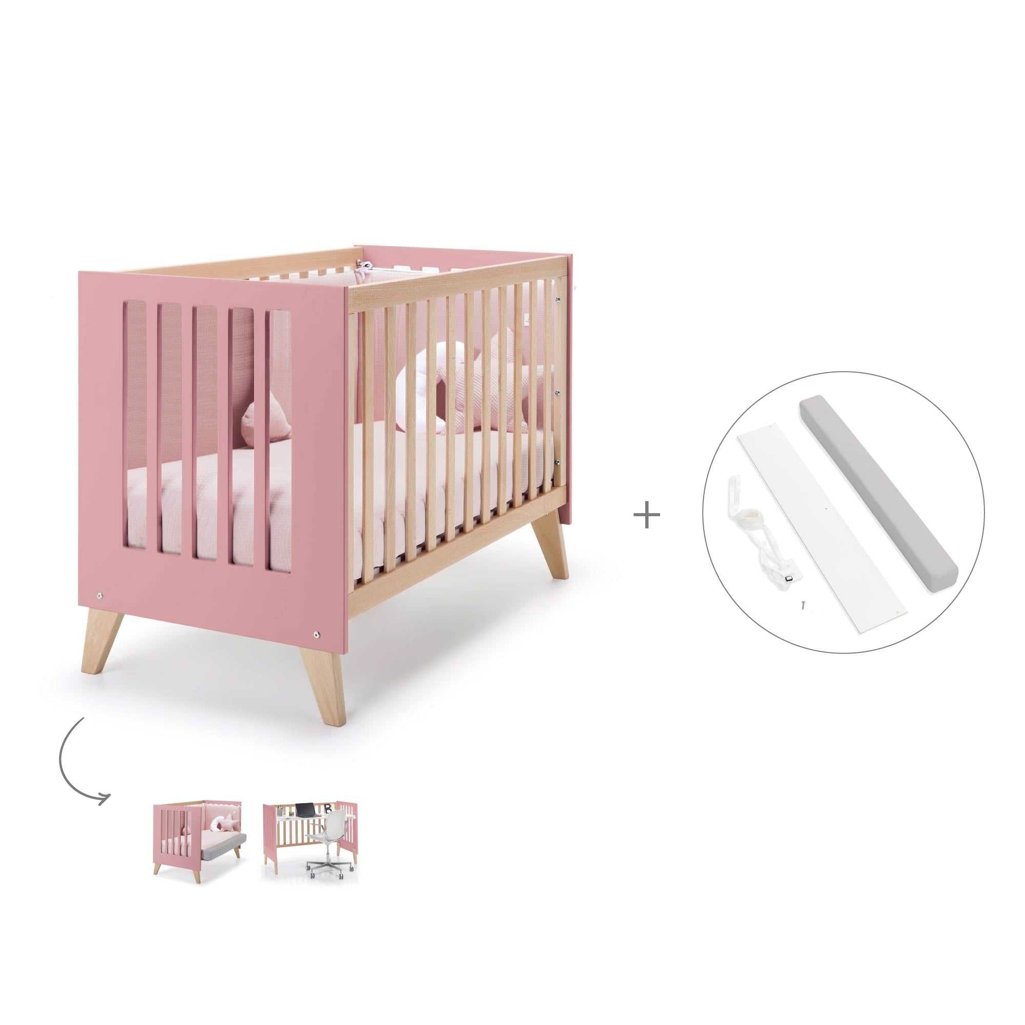Cuna de colecho 60x120 cm (4en1) madera/rosado · Nexor Due Quarzo C187RD-M5995