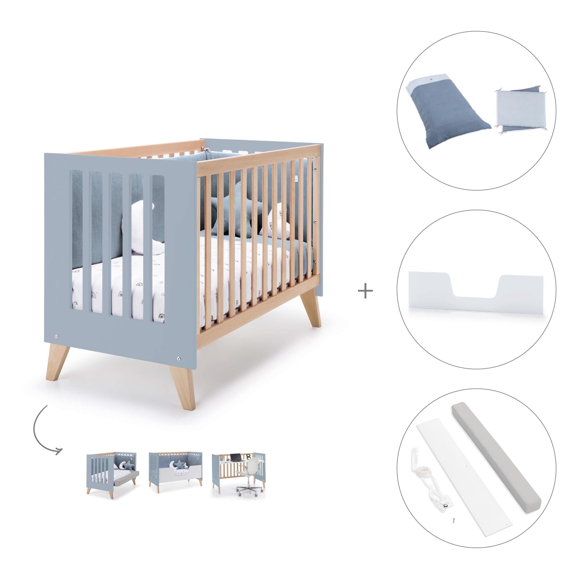 Cuna de colecho 60x120 cm (4en1) madera/celeste · Nexor Due Blue Denim