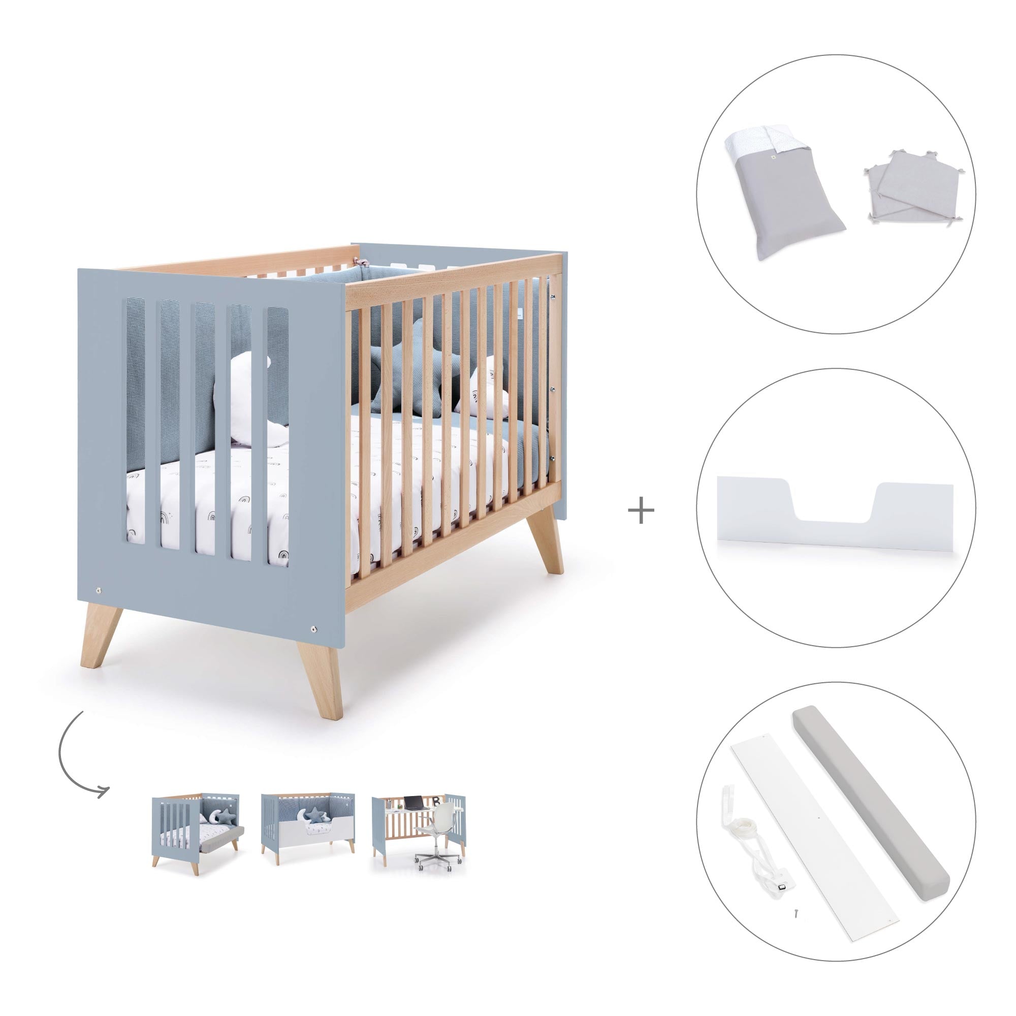 Cuna de colecho 60x120 cm (4en1) madera/celeste · Nexor Due Blue Denim