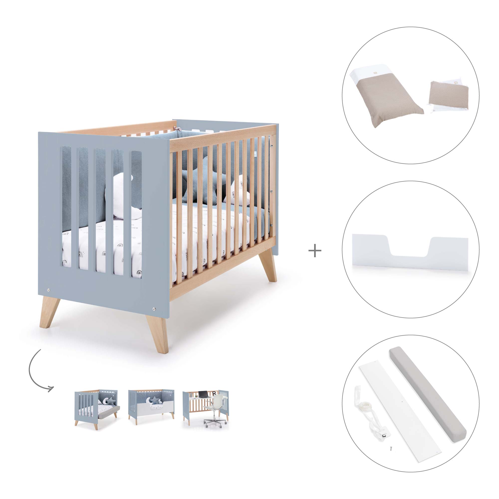 Cuna de colecho 60x120 cm (4en1) madera/celeste · Nexor Due Blue Denim