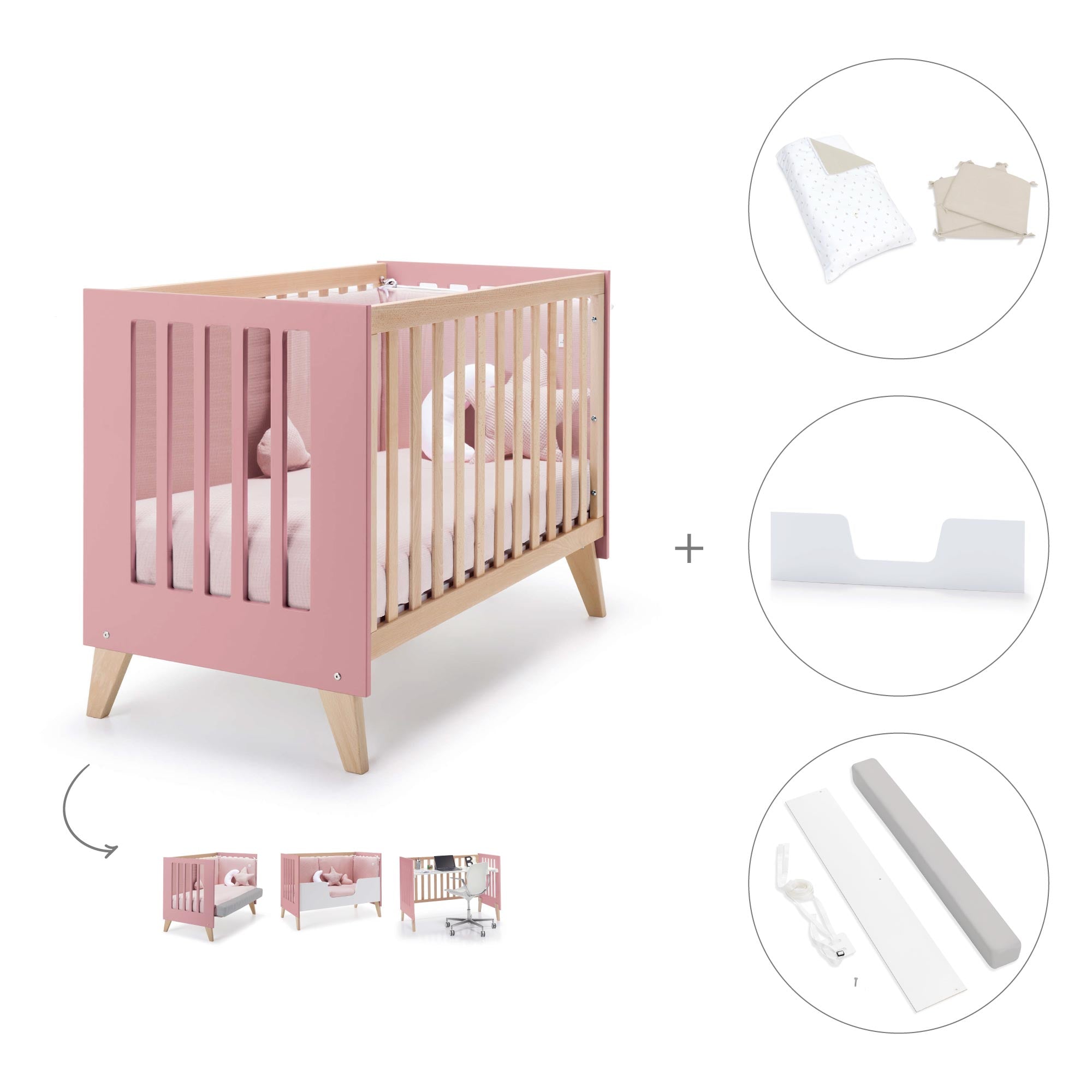 Cuna de colecho 60x120 cm (4en1) madera/rosado · Nexor Due Quarzo C187RD-M5995
