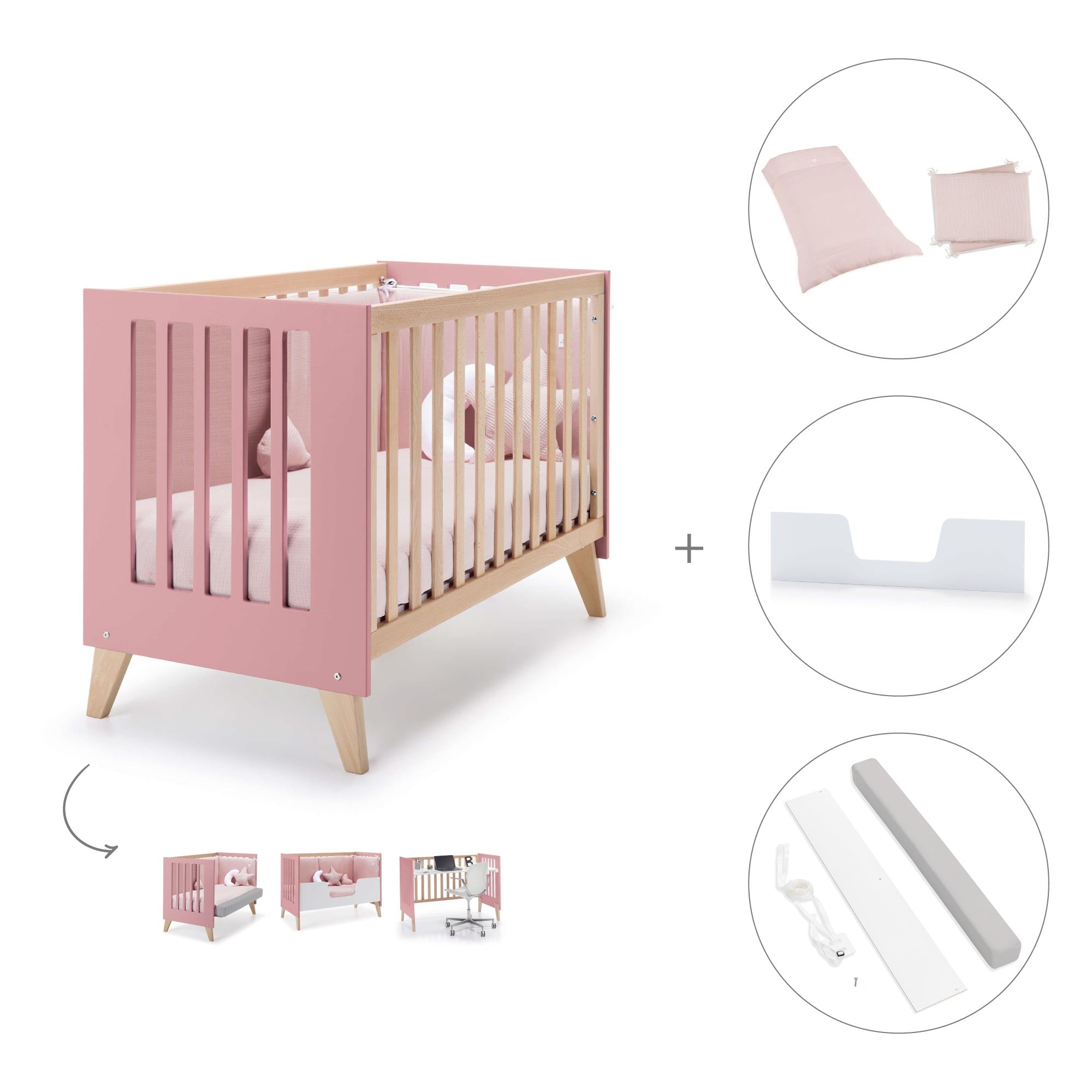 Cuna de colecho 60x120 cm (4en1) madera/rosado · Nexor Due Quarzo C187RD-M5995
