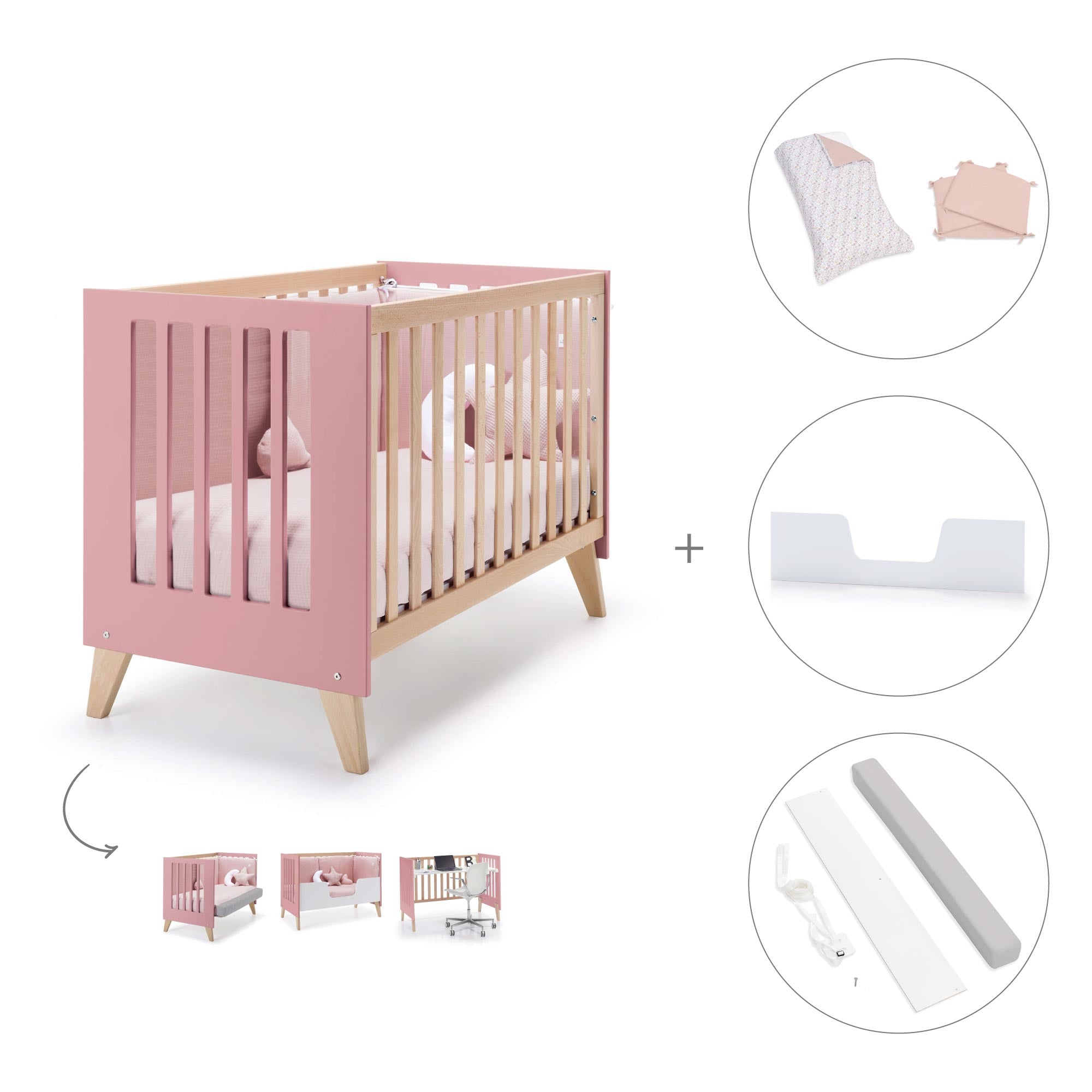 Cuna de colecho 60x120 cm (4en1) madera/rosado · Nexor Due Quarzo C187RD-M5995