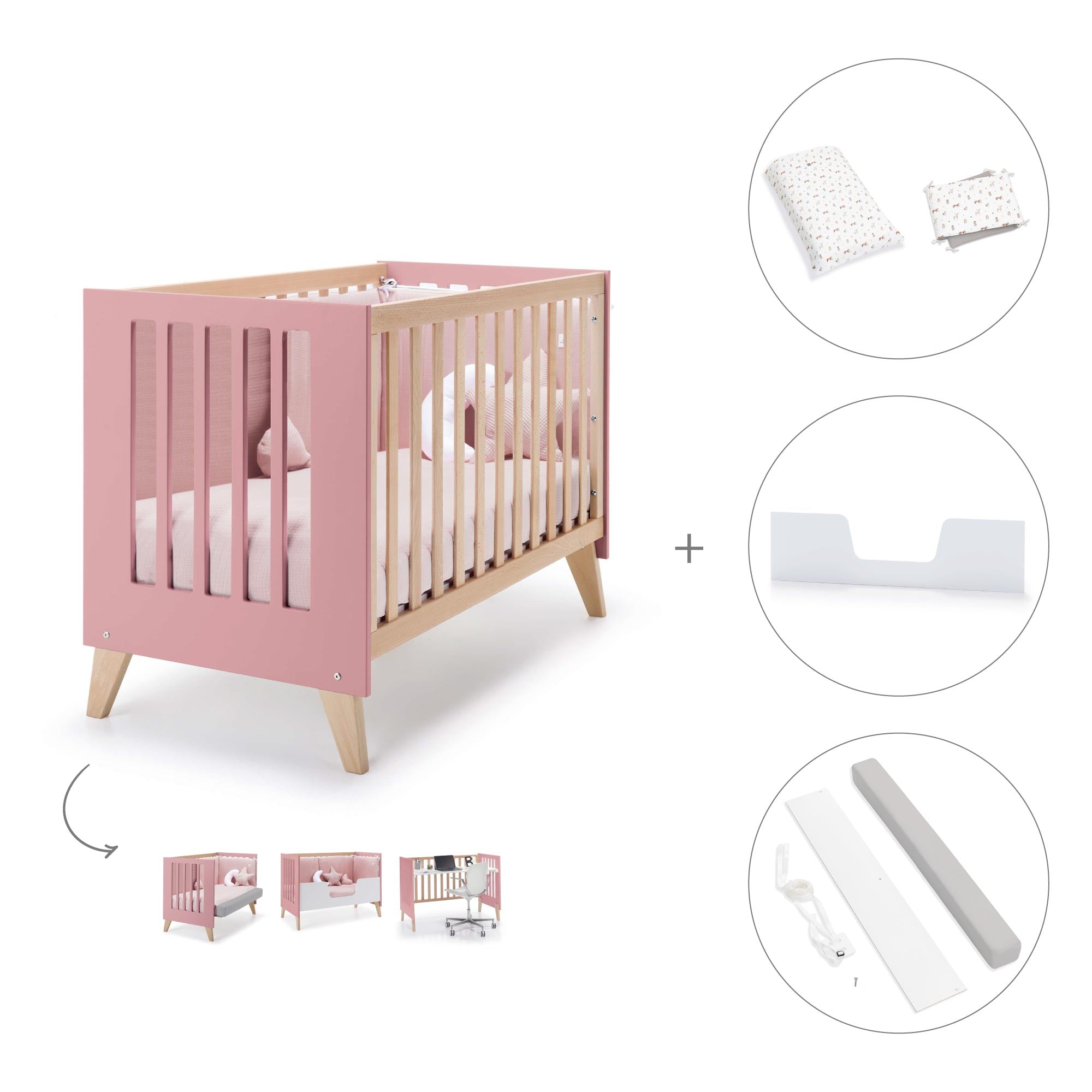 Cuna de colecho 60x120 cm (4en1) madera/rosado · Nexor Due Quarzo C187RD-M5995