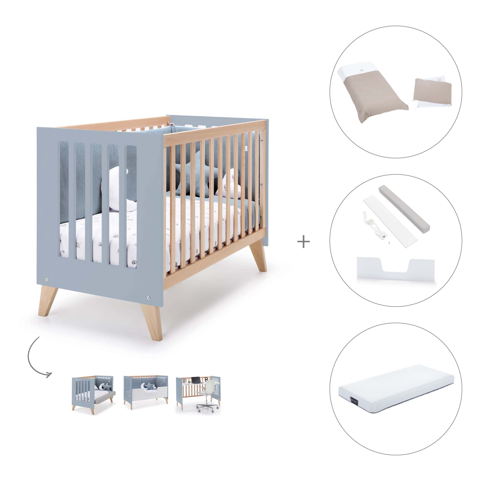 Cuna de colecho 60x120 cm (4en1) madera/celeste · Nexor Due Blue Denim
