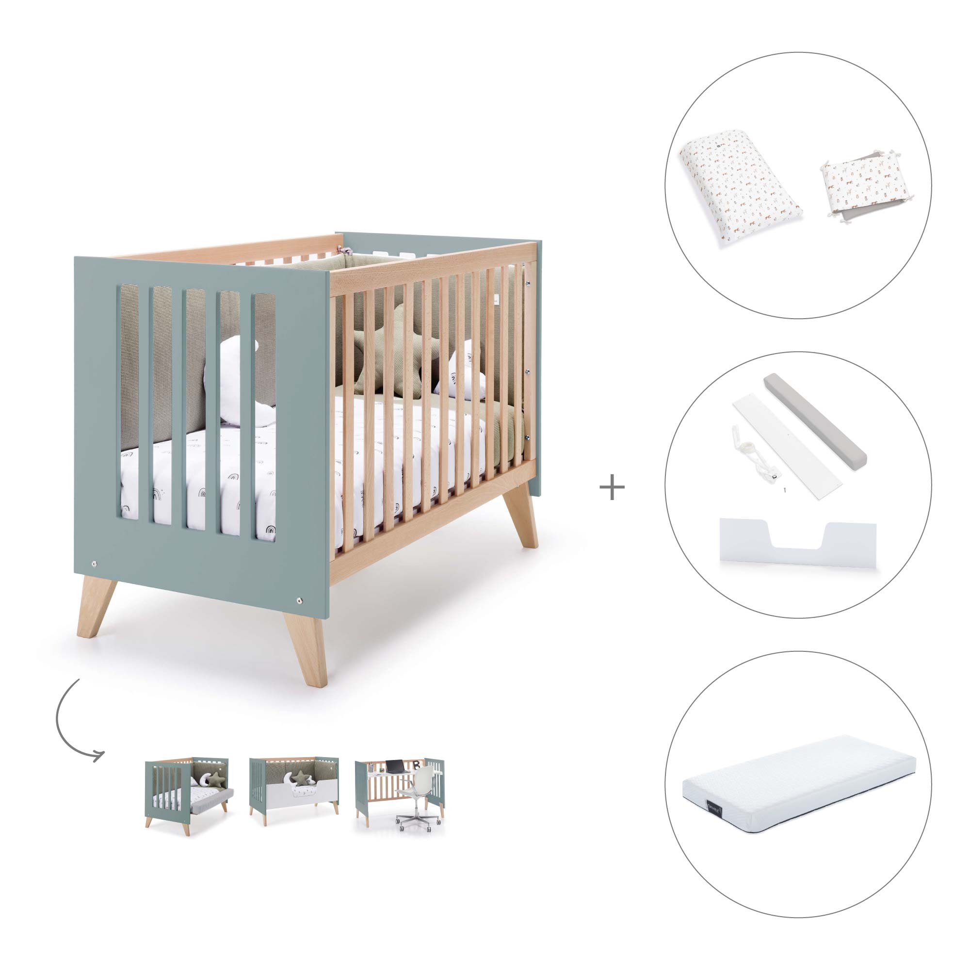Cuna para colecho 60x120 cm (4en1) madera/eucalipto · Nexor Due Eucalyptus C187RD-M5795