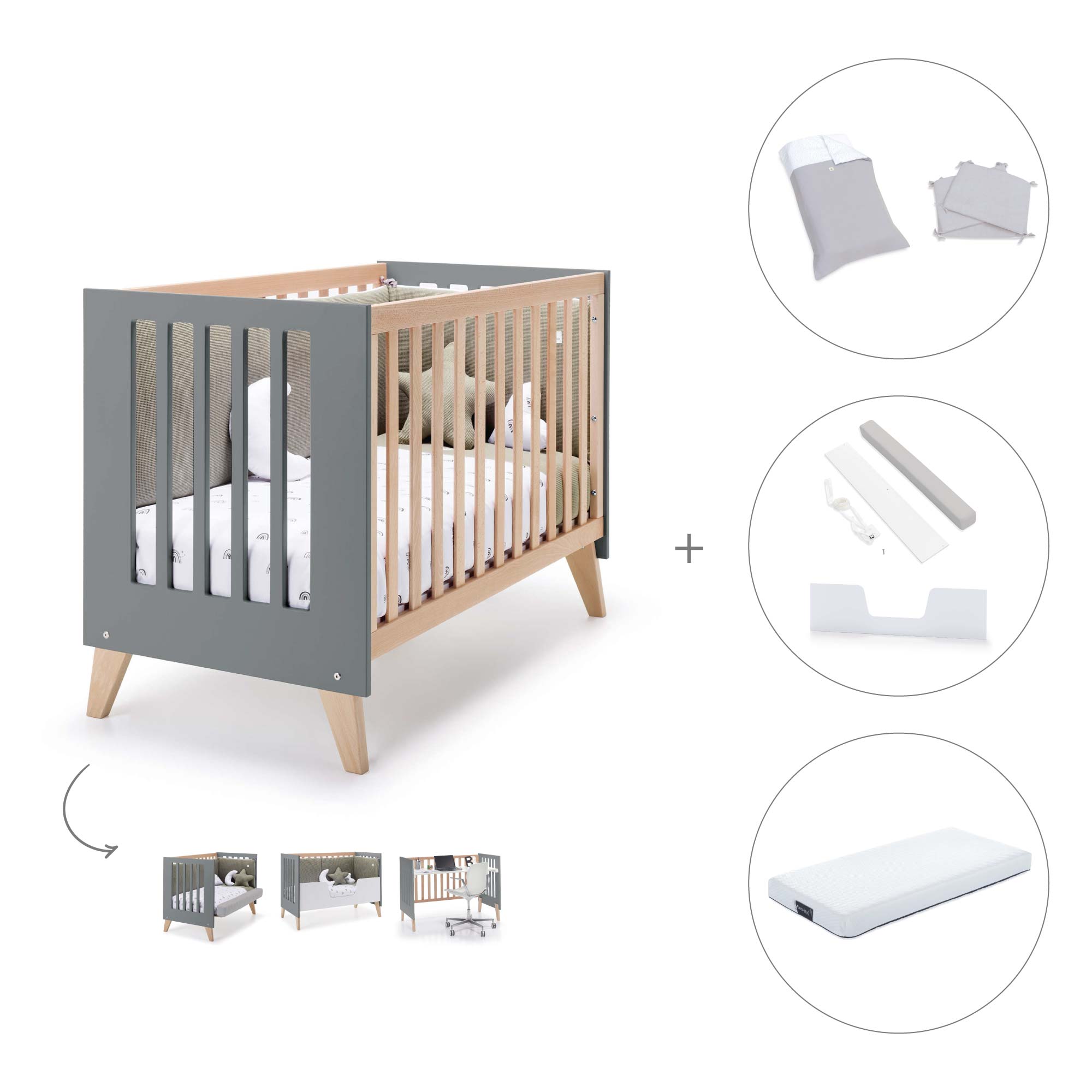 Cuna de colecho 60x120 cm (4en1) madera/antracita · Nexor Due Antracita C187RD-M5895