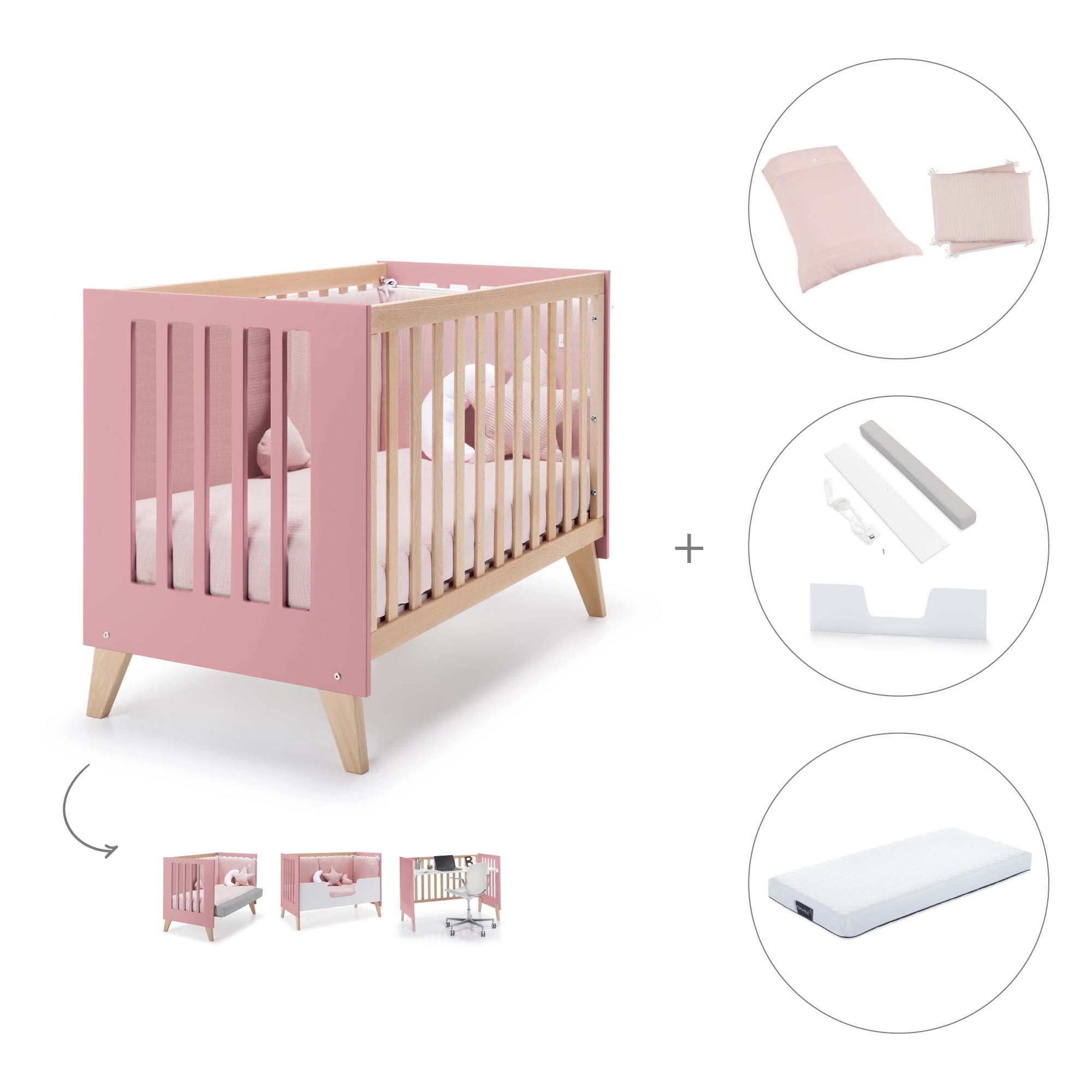 Cuna de colecho 60x120 cm (4en1) madera/rosado · Nexor Due Quarzo C187RD-M5995