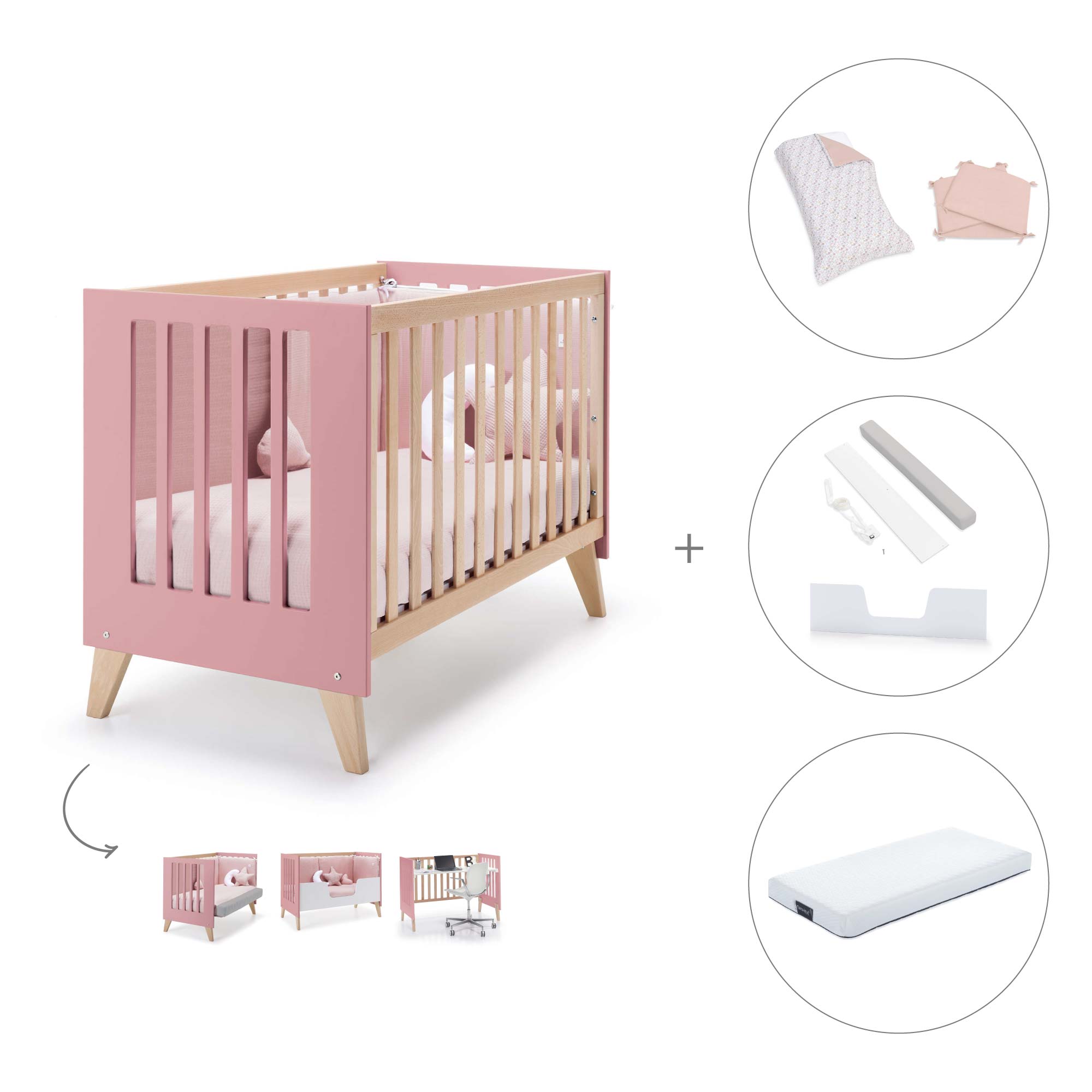 Cuna de colecho 60x120 cm (4en1) madera/rosado · Nexor Due Quarzo C187RD-M5995