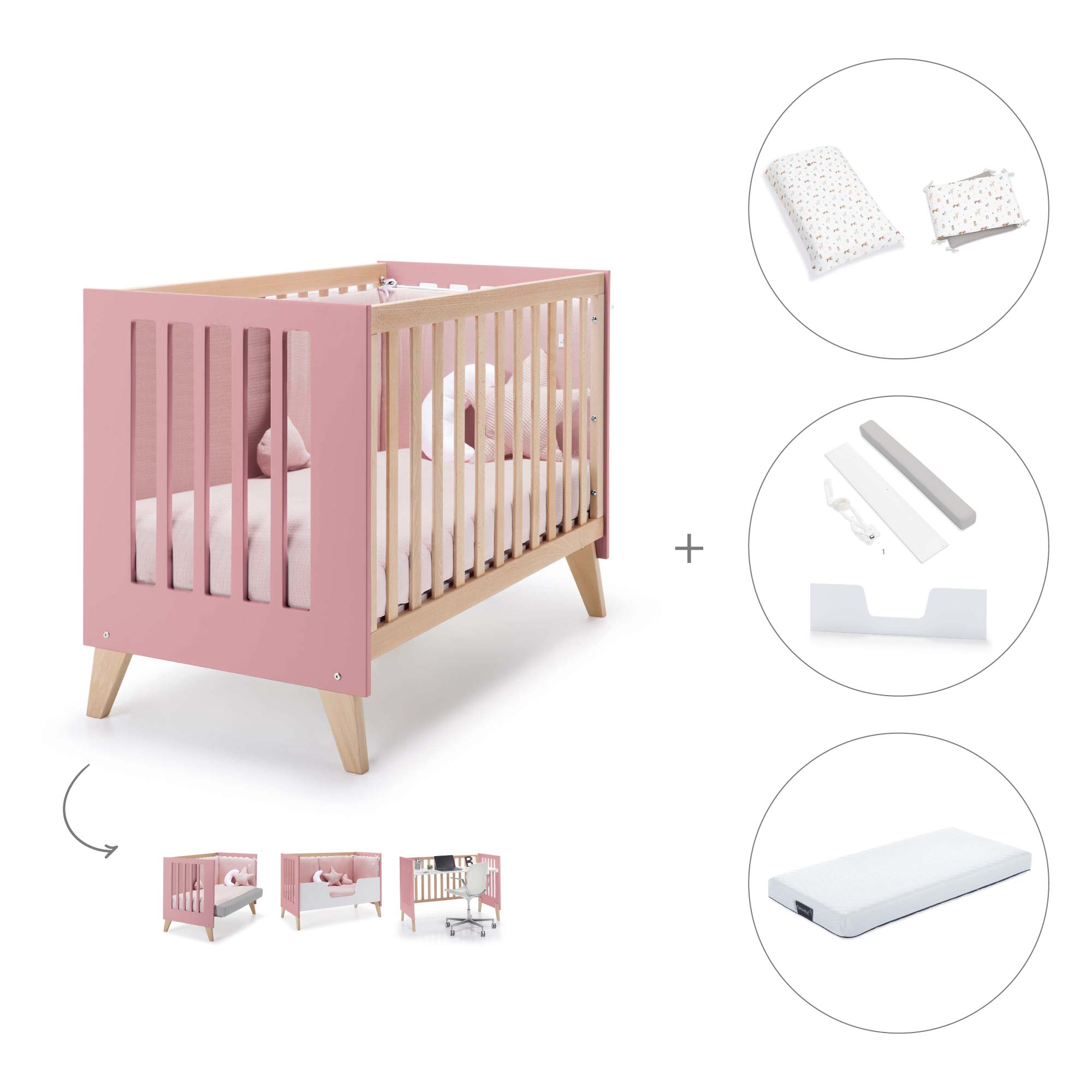 Cuna de colecho 60x120 cm (4en1) madera/rosado · Nexor Due Quarzo C187RD-M5995
