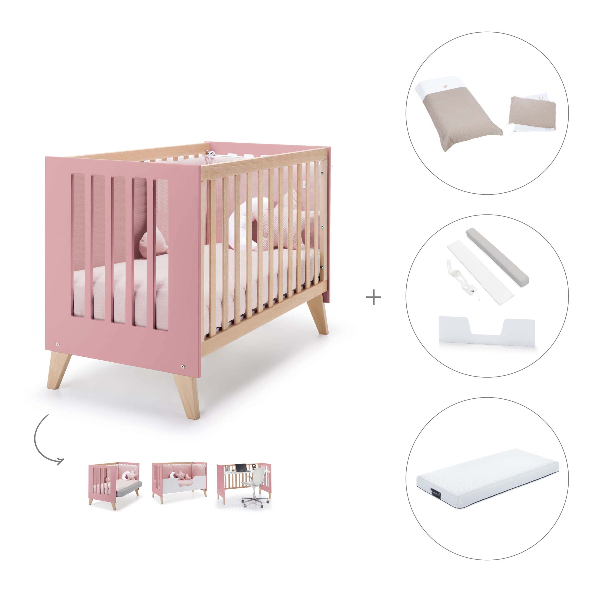 Cuna de colecho 60x120 cm (4en1) madera/rosado · Nexor Due Quarzo C187RD-M5995