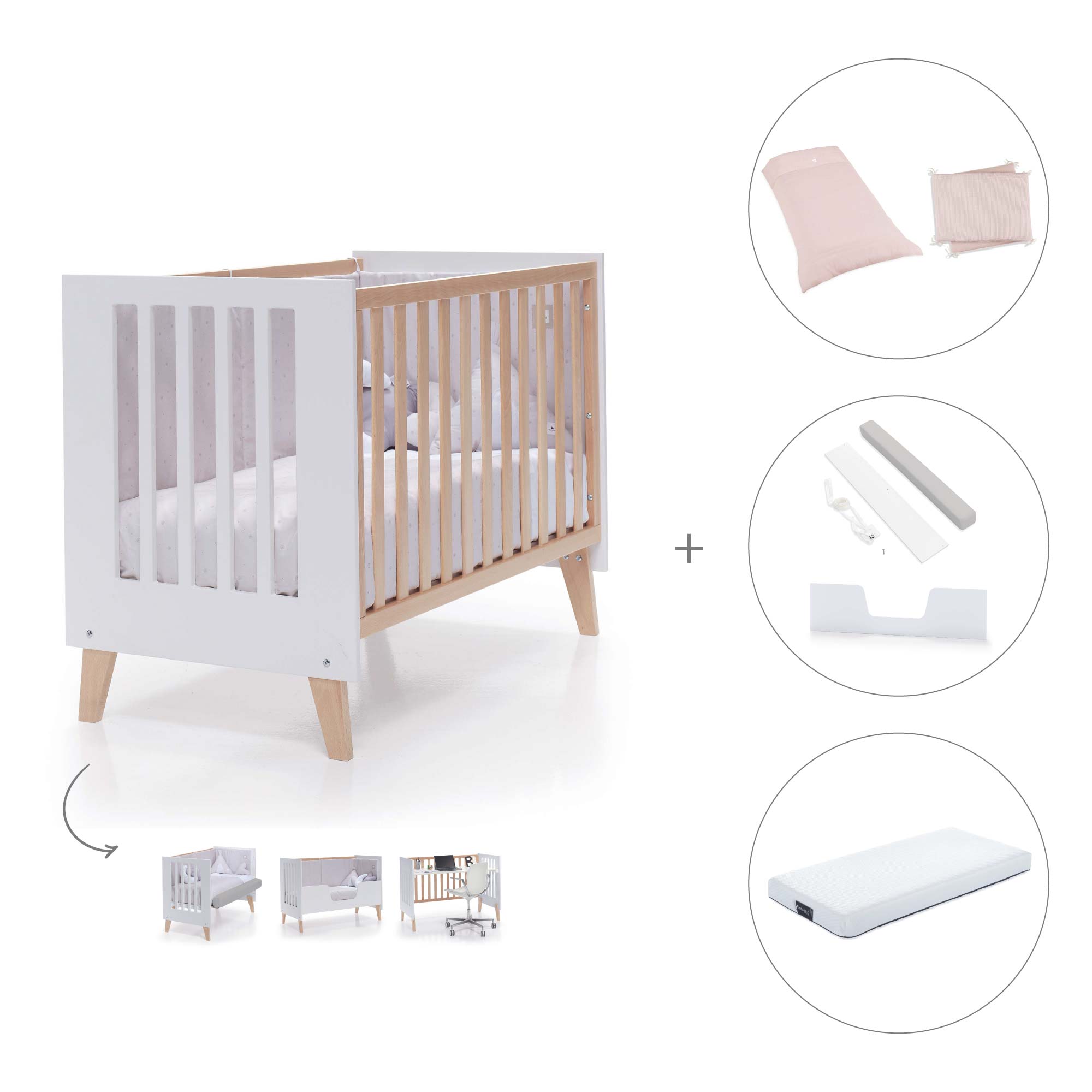 Cuna de colecho 60x120 cm (4en1) madera/blanca · Nexor Due White C187RD-M7795