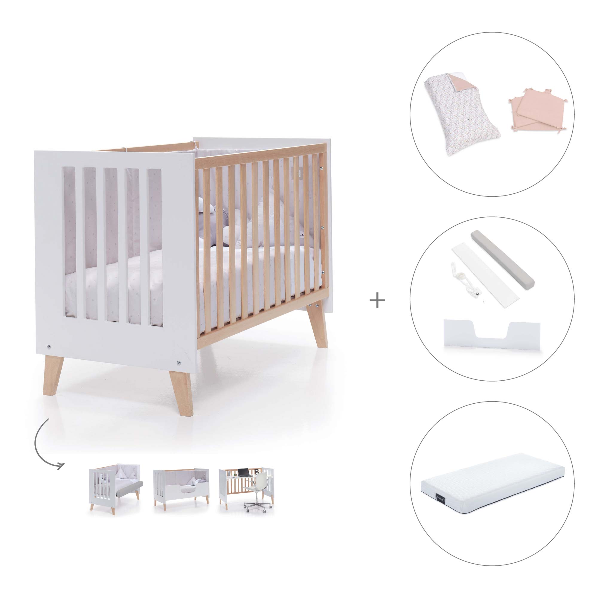 Cuna de colecho 60x120 cm (4en1) madera/blanca · Nexor Due White C187RD-M7795