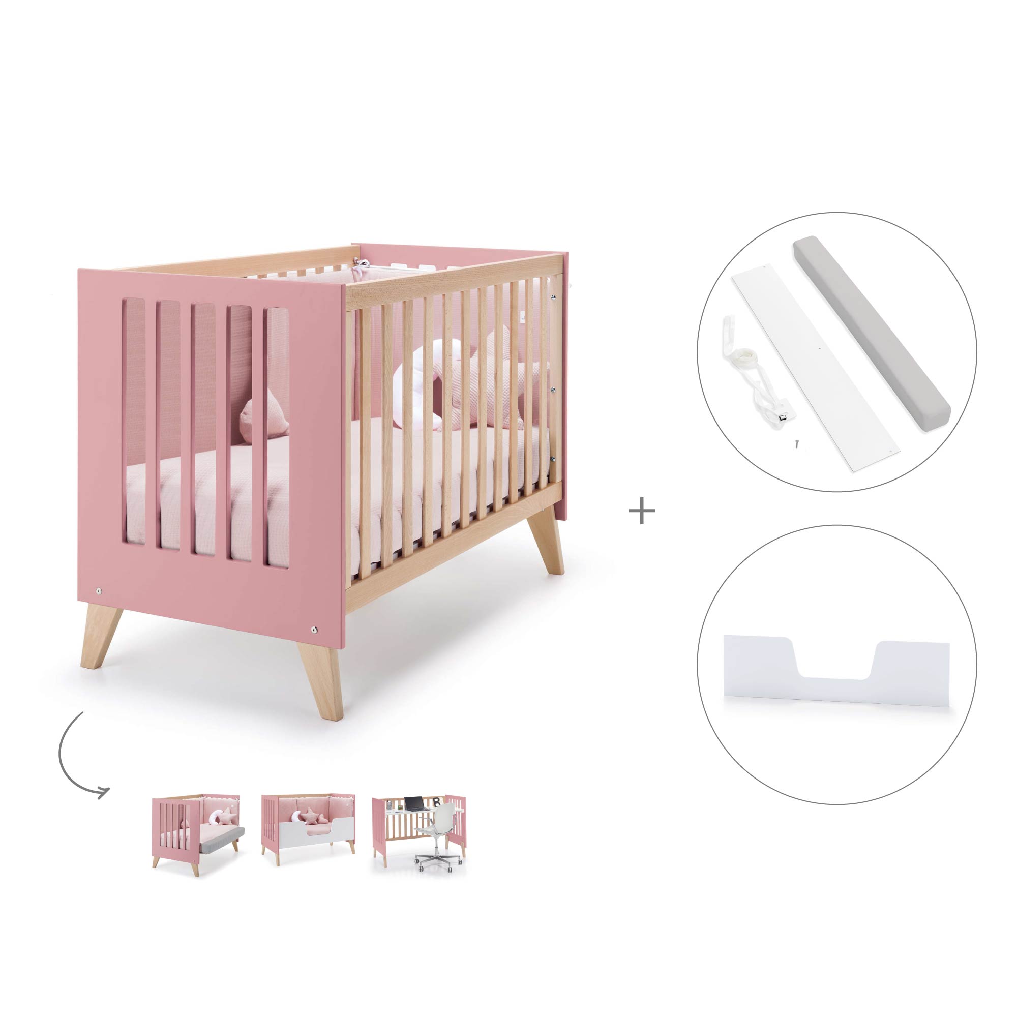 Cuna de colecho 60x120 cm (4en1) madera/rosado · Nexor Due Quarzo C187RD-M5995