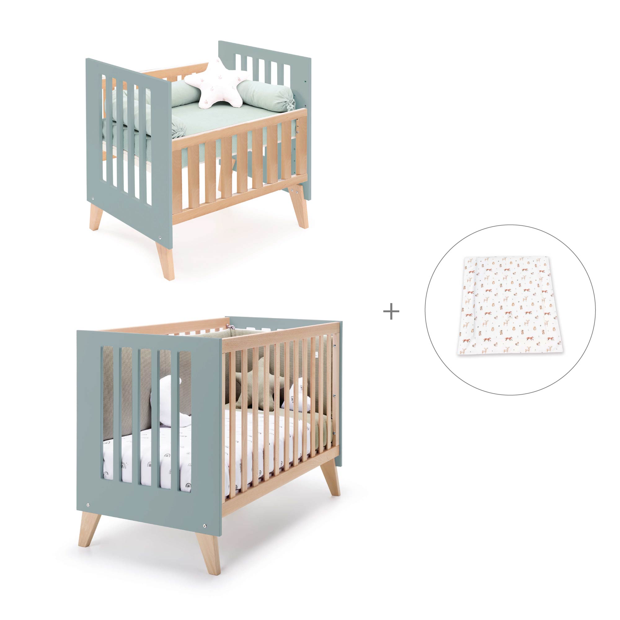 Minicuna convertible en cuna (7en1) madera/verde · Nexor Tre Eucalyptus C187RT-M5795