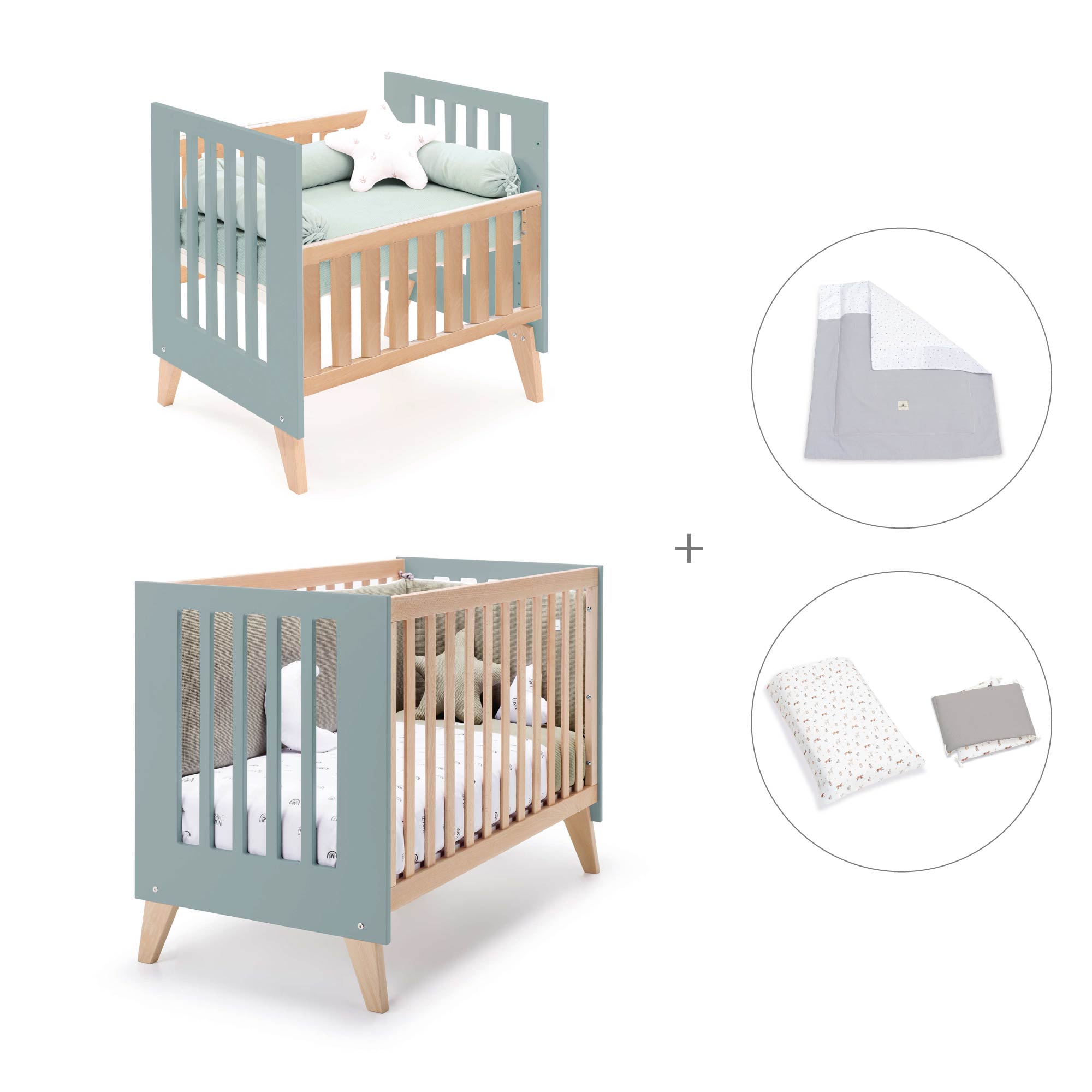 Minicuna convertible en cuna (7en1) madera/verde · Nexor Tre Eucalyptus C187RT-M5795