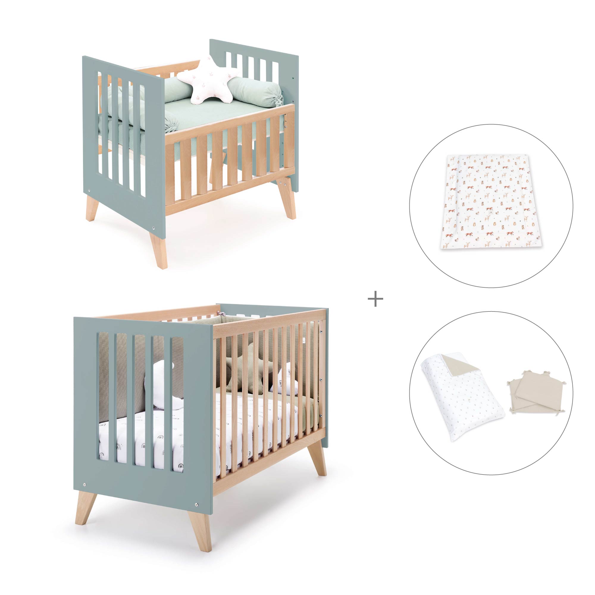Minicuna convertible en cuna (7en1) madera/verde · Nexor Tre Eucalyptus C187RT-M5795