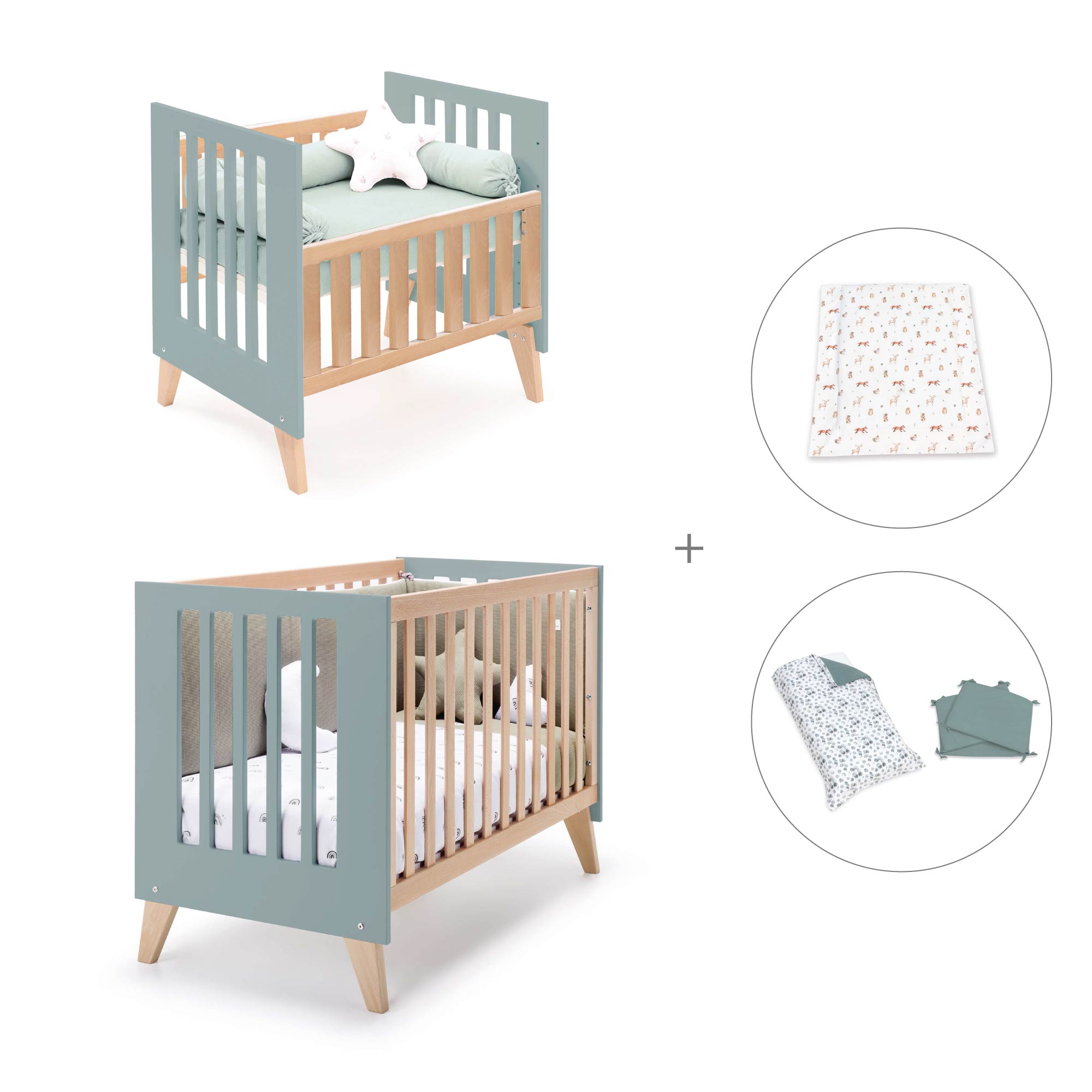 Minicuna convertible en cuna (7en1) madera/verde · Nexor Tre Eucalyptus C187RT-M5795