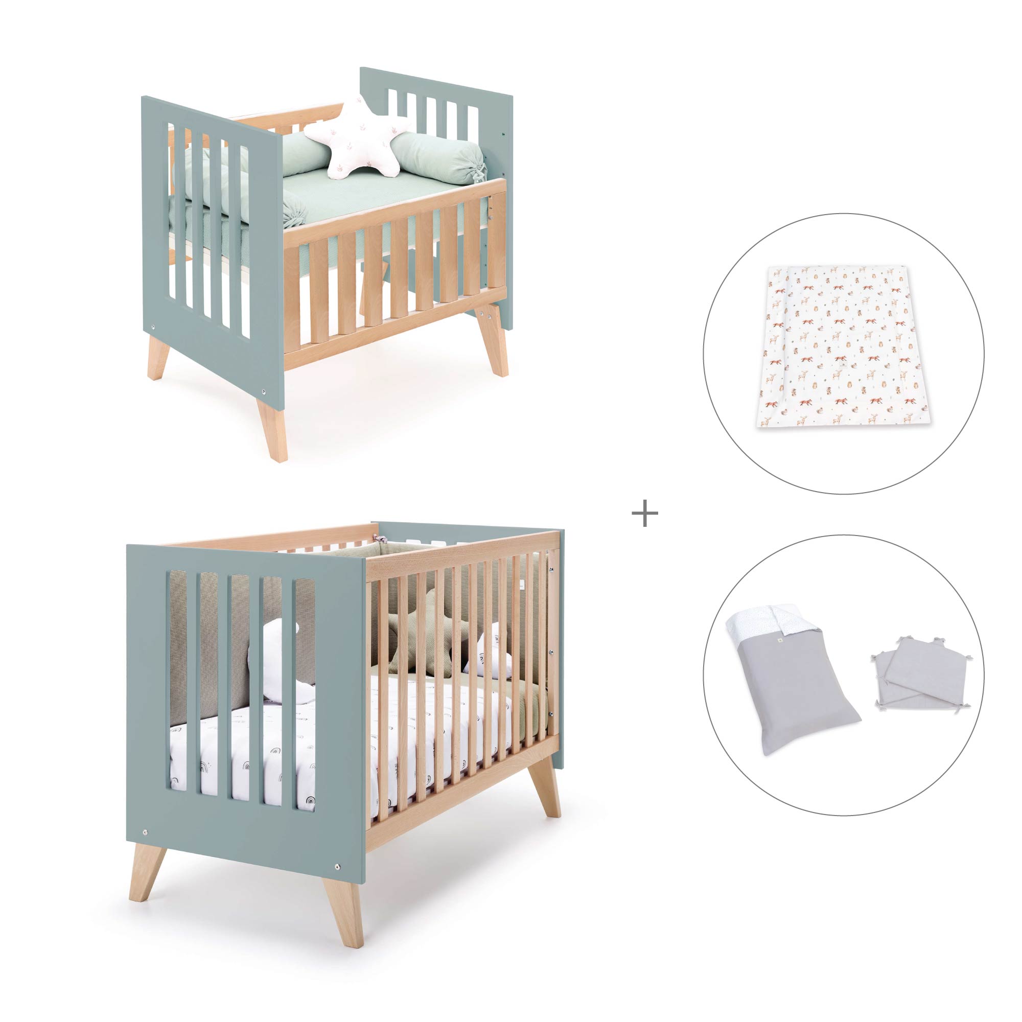 Minicuna convertible en cuna (7en1) madera/verde · Nexor Tre Eucalyptus C187RT-M5795