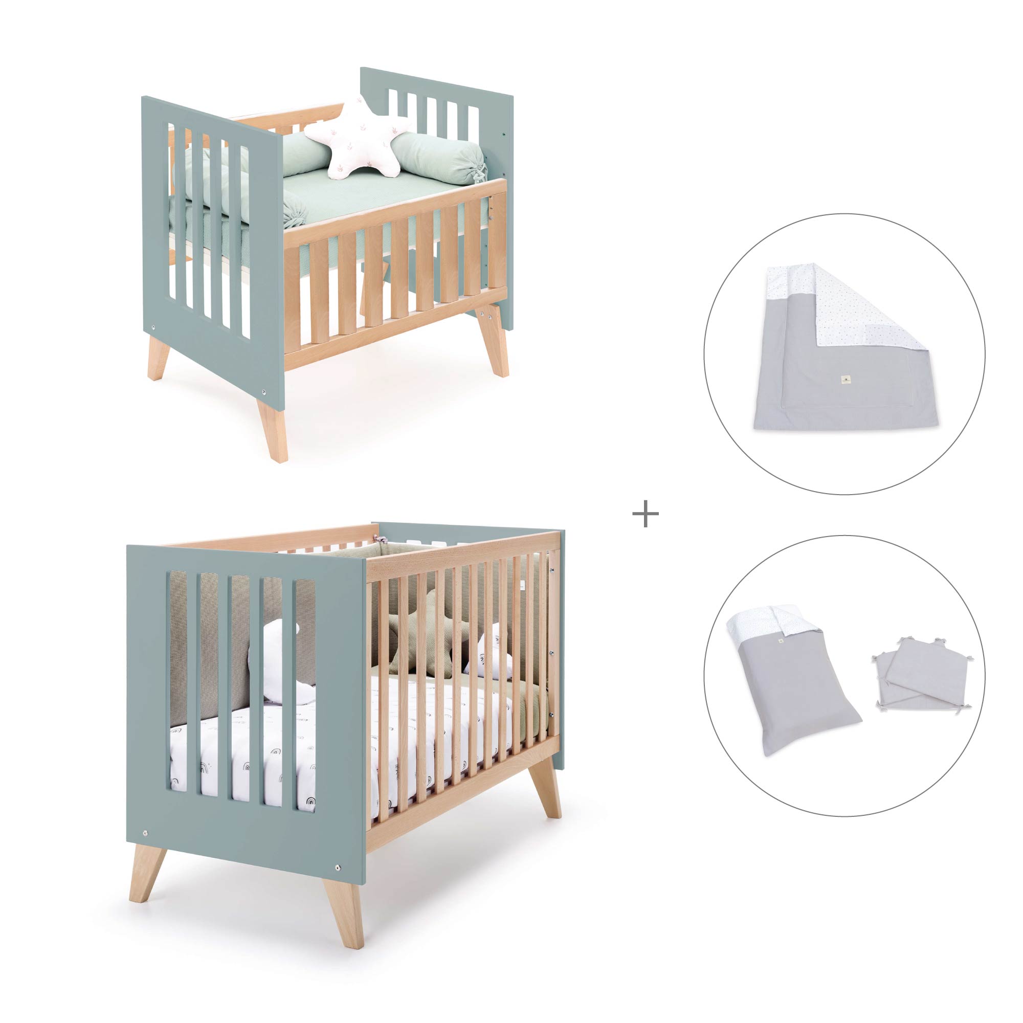 Minicuna convertible en cuna (7en1) madera/verde · Nexor Tre Eucalyptus C187RT-M5795