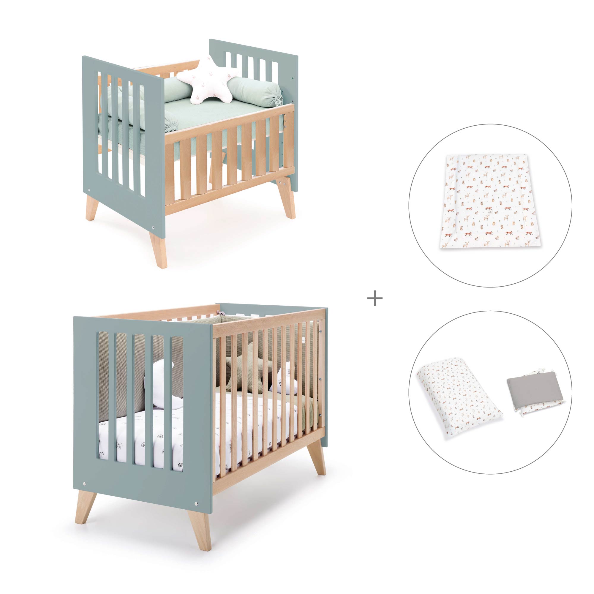Minicuna convertible en cuna (7en1) madera/verde · Nexor Tre Eucalyptus C187RT-M5795