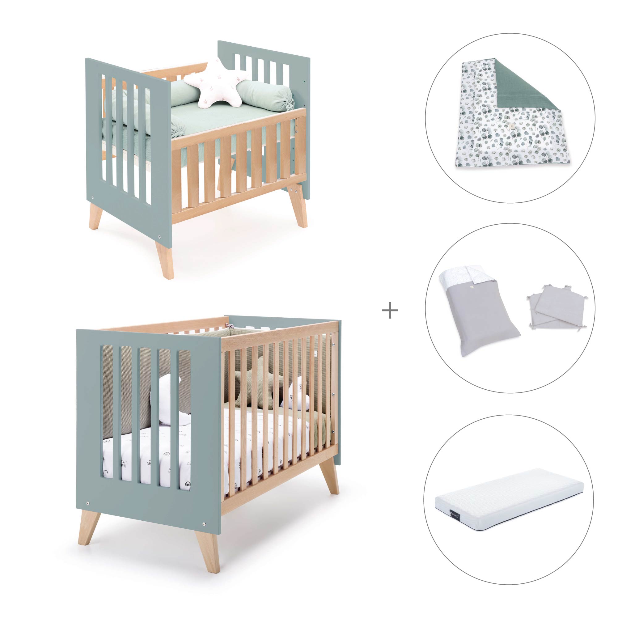 Minicuna convertible en cuna (7en1) madera/verde · Nexor Tre Eucalyptus C187RT-M5795