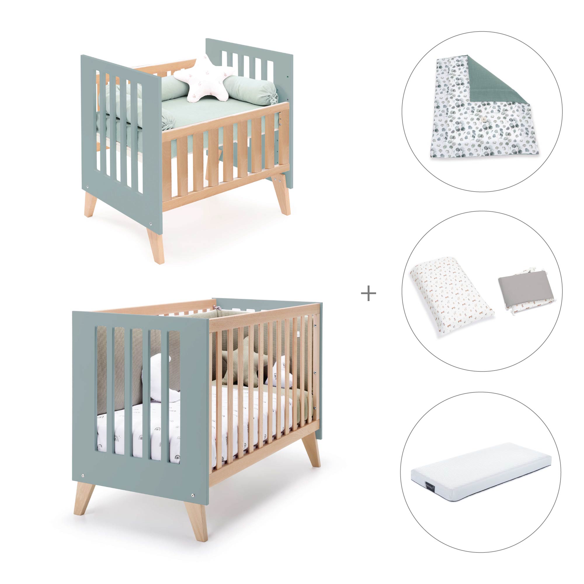 Minicuna convertible en cuna (7en1) madera/verde · Nexor Tre Eucalyptus C187RT-M5795