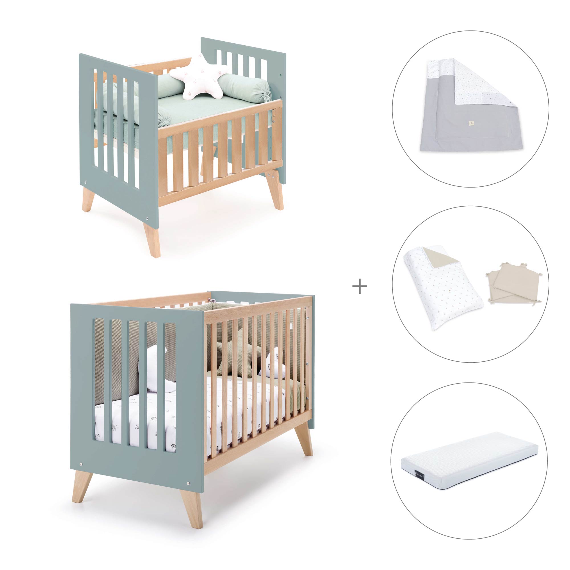 Minicuna convertible en cuna (7en1) madera/verde · Nexor Tre Eucalyptus C187RT-M5795